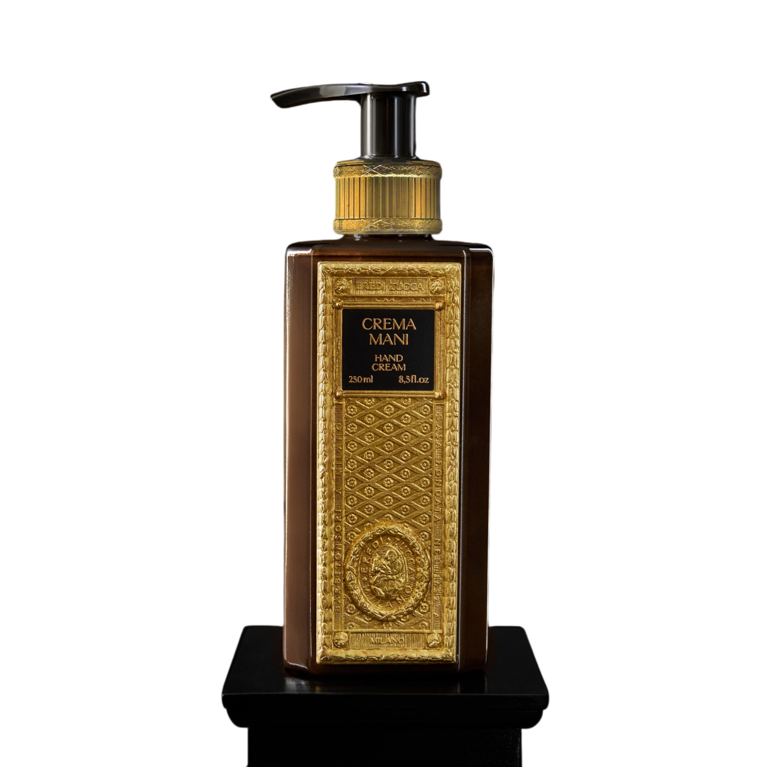 Eredi Zucca Hand Cream in brauner Flasche mit schwarzem Pumpspender und dekorativer goldfarbener Frontplatte mit schwarzem Etikett.