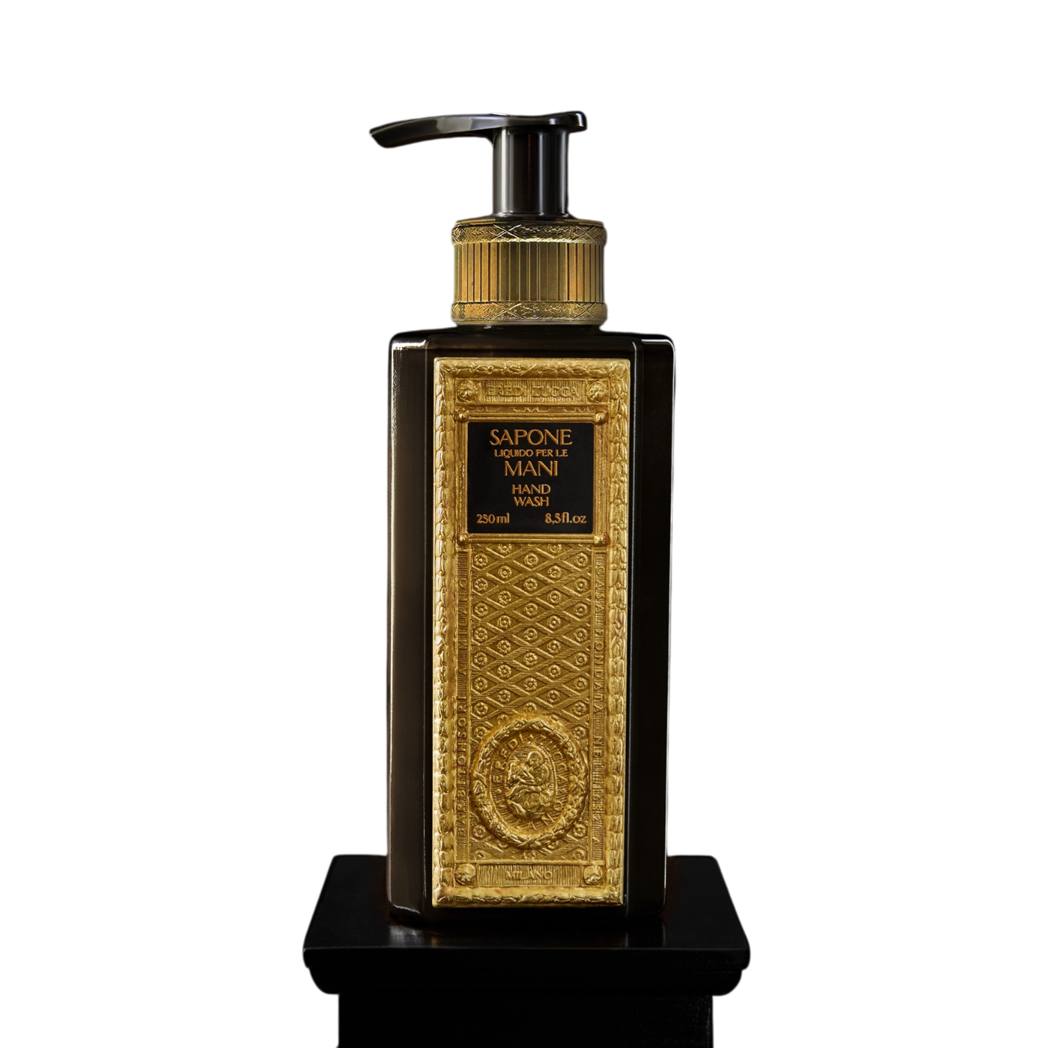 Eredi Zucca Hand Wash in brauner Flasche mit schwarzem Pumpspender und dekorativer goldfarbener Frontplatte mit schwarzem Etikett.