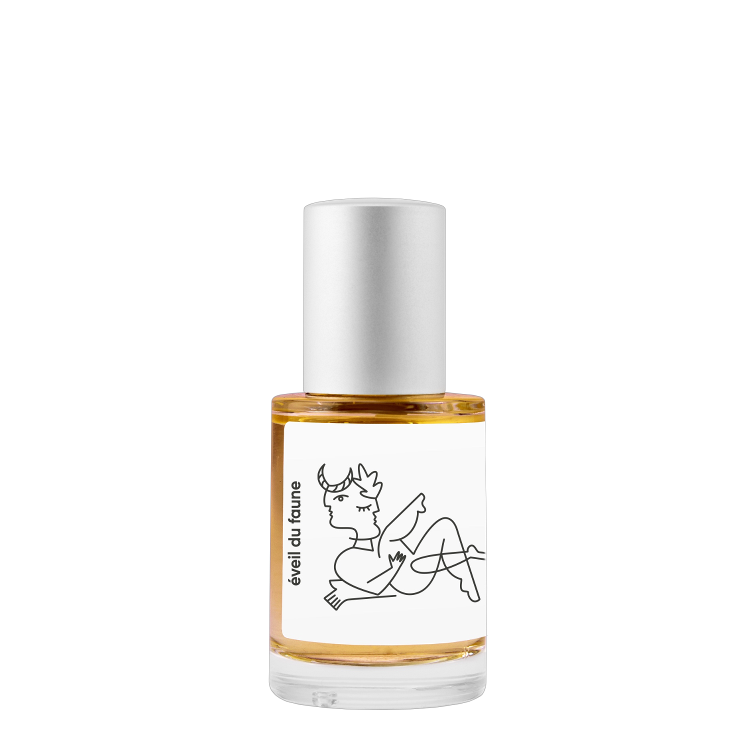 Hellenist Éveil du Faune, 15ml, Eau de Parfum Flakon aus klarem Glas mit bernsteinfarbenem Duft, hellem Deckel und Faun-Illustration auf dem Etikett.