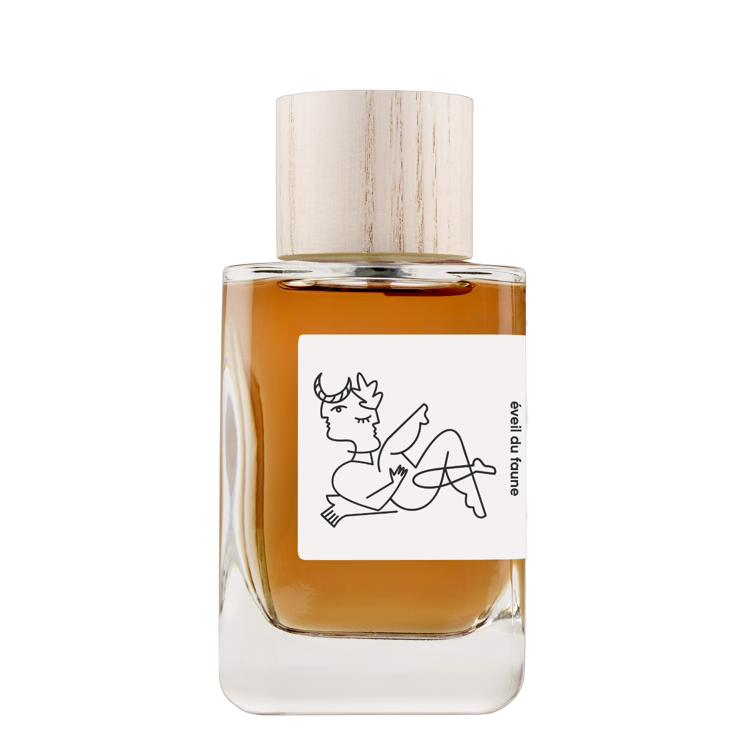 Hellenist Éveil du Faune Eau de Parfum Flakon aus klarem Glas mit bernsteinfarbenem Duft, hellem Holzdeckel und Faun-Illustration auf dem Etikett.