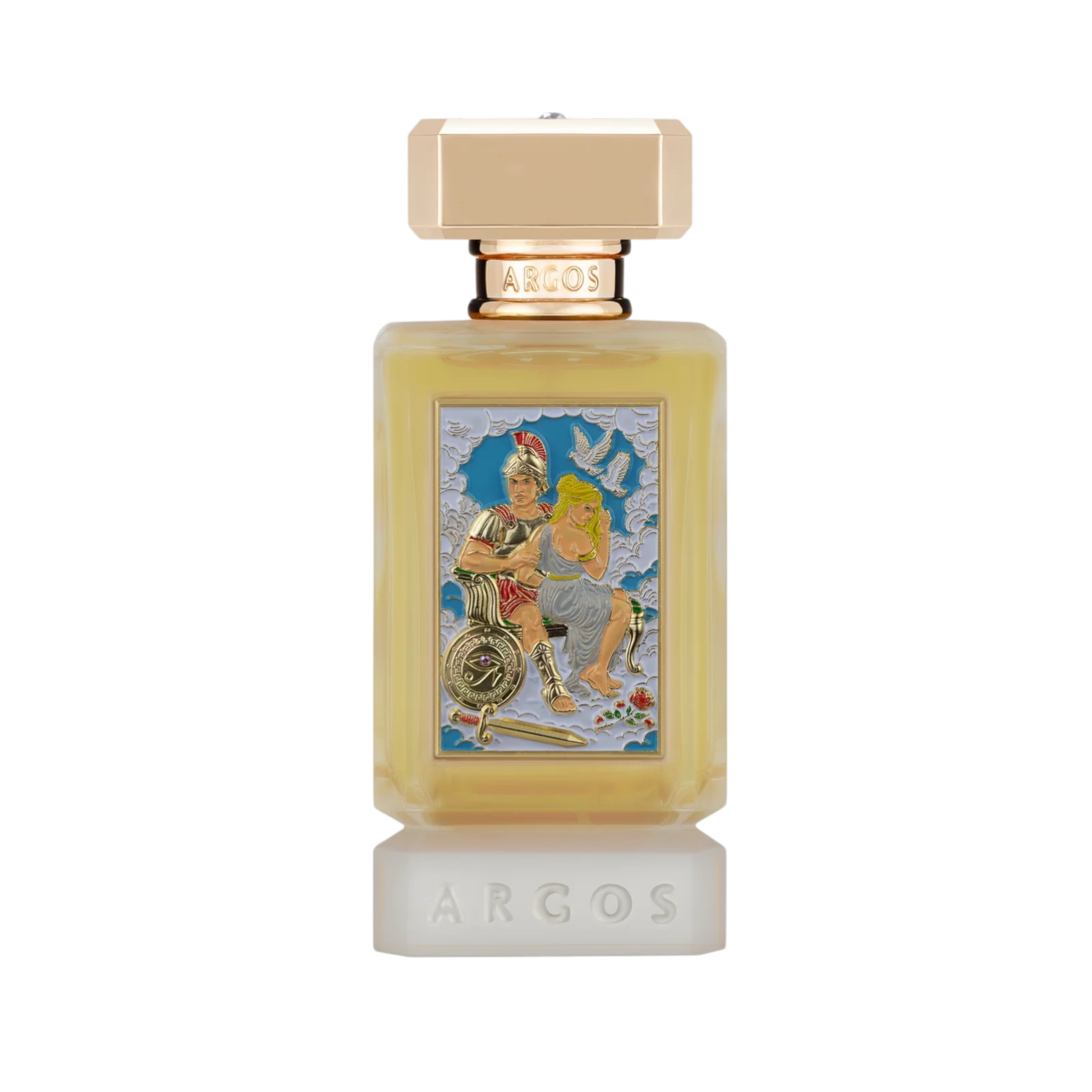 ARGOS Fire & Desire: Vulcan’s Revenge Extrait de Parfum in klarem, facettiertem Glasflakon mit goldfarbenem Verschluss, hellem Duftsaft und kunstvoller Frontplakette mit mythologischer Szene.