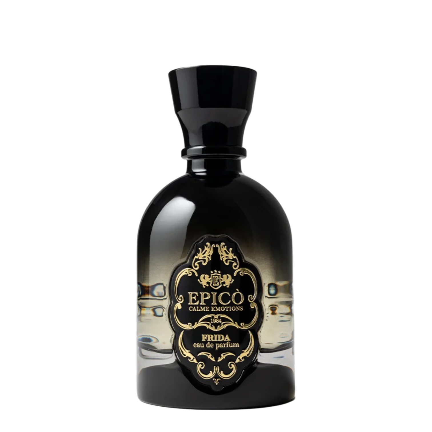 EPICO Parfum Frida Eau de Parfum im dunkel getönten Glasflakon mit schwarzem Verschluss und gold-schwarzem Vintage-Etikett.