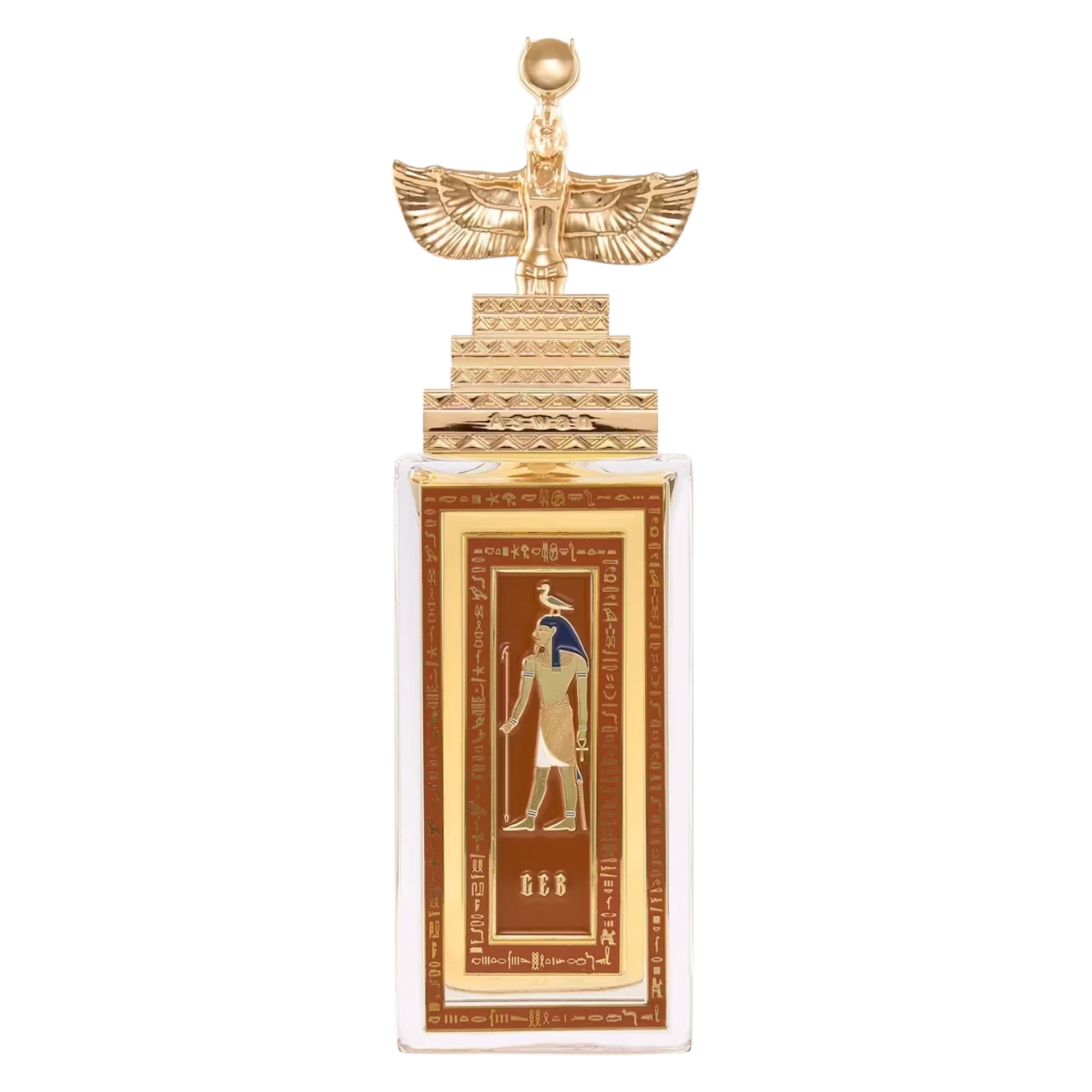 Flakon von Aswan Geb – rechteckige klare Glasflasche mit goldener Verschlusskappe mit Pyramiden‑Prägung und ägyptischer Figur als 3D‑Element; Etikett in braun und gold.