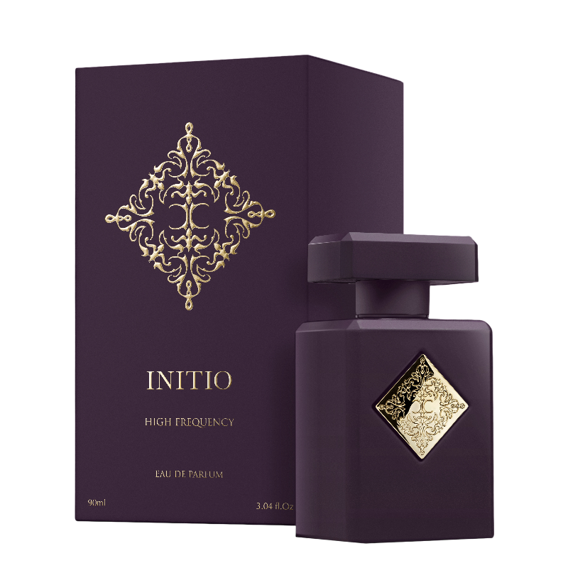 INITIO High Frequency Eau de Parfum im dunkellila Flakon mit goldfarbenem Emblem und passender luxuriöser Verpackung.