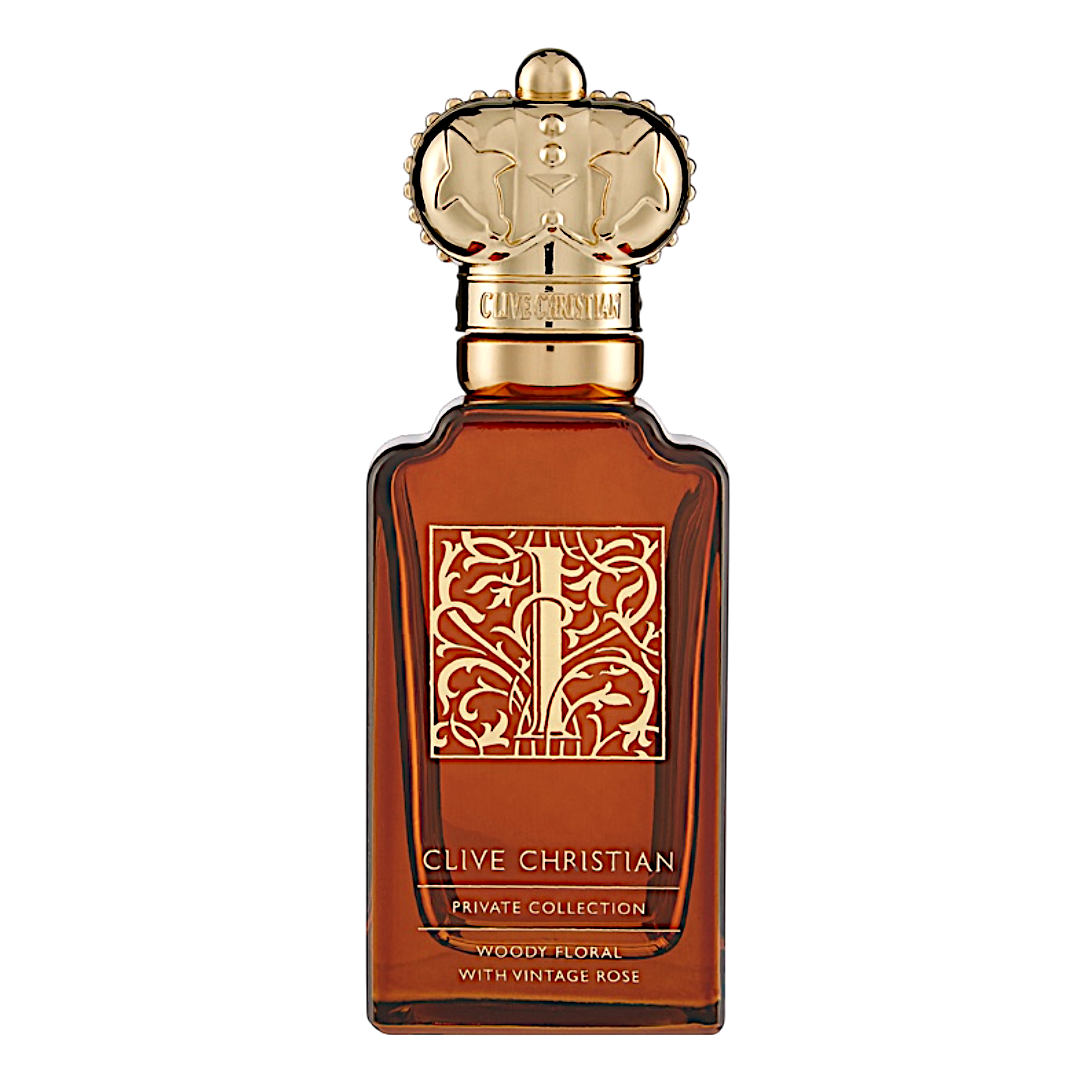 Clive Christian I Woody Floral Parfum im bernsteinfarbenen Glasflakon mit goldfarbenem Kronenverschluss und ornamentalem Frontemblem.