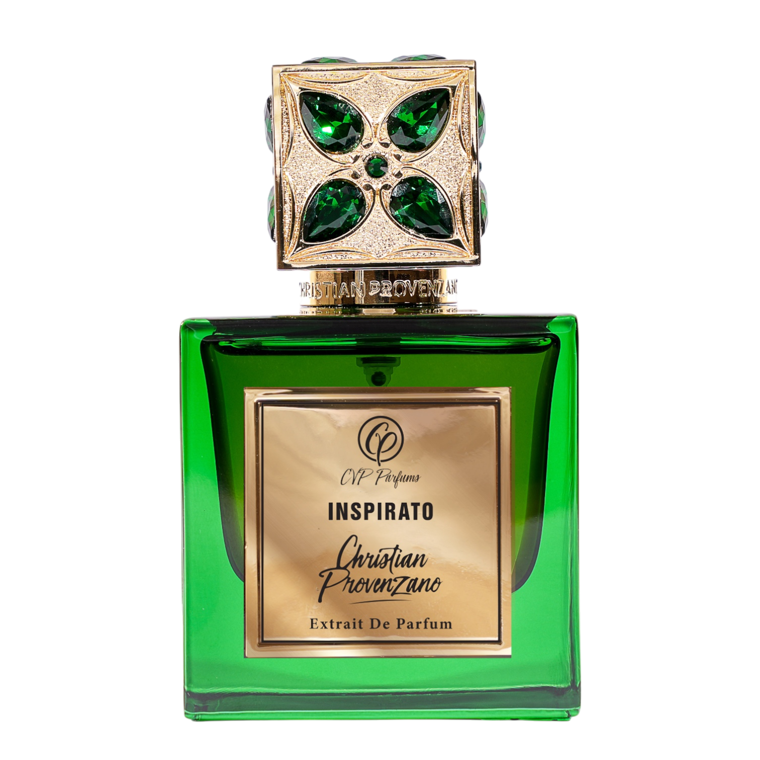 Christian Provenzano Inspirato Extrait de Parfum im smaragdgrünen Glasflakon mit goldfarbener Plakette und kunstvoll verziertem Verschluss mit grünen Schmucksteinen.
