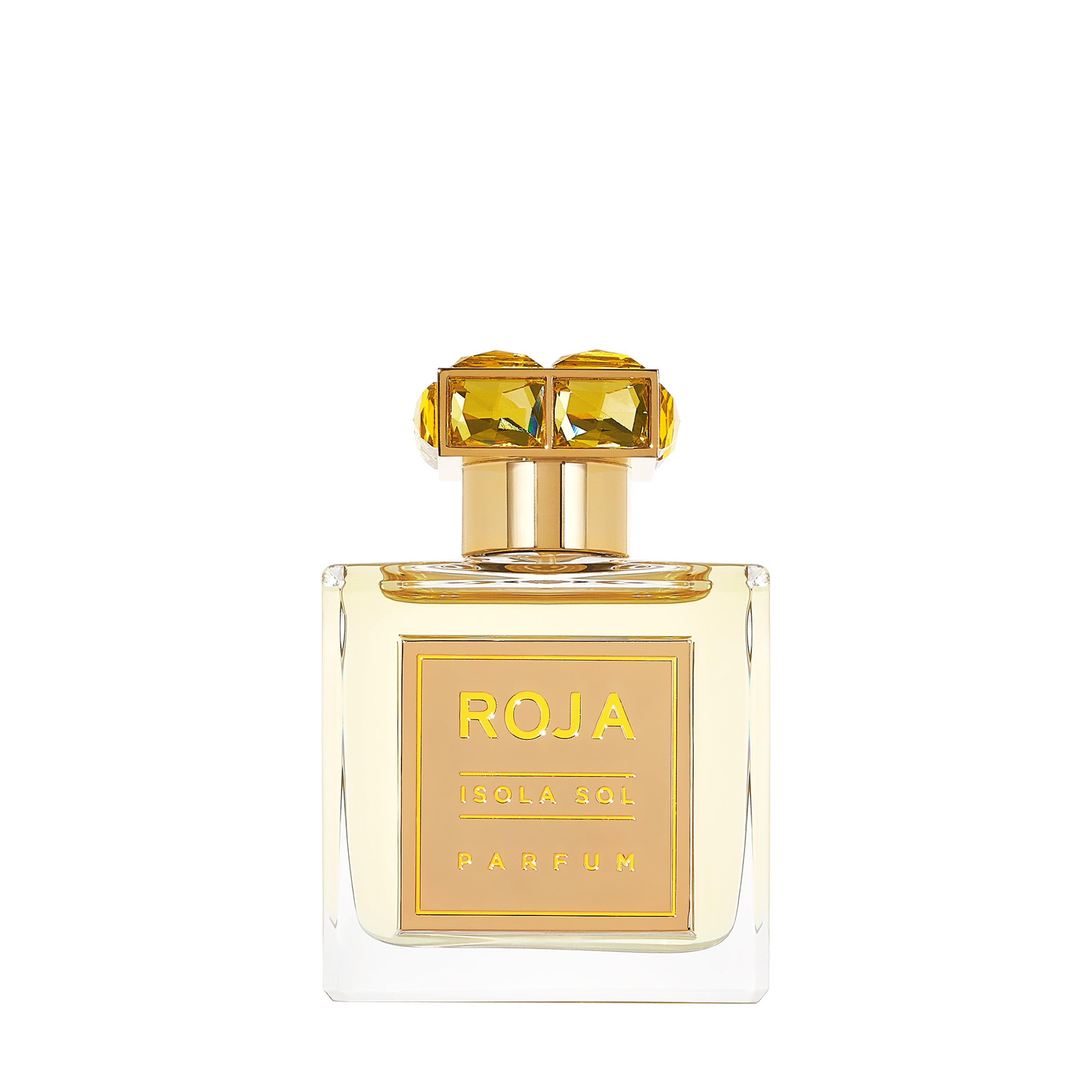 Isola Sol Parfum von Roja Parfums – luxuriöser Flakon mit goldenen Akzenten, inspiriert von sonnigen Inseln. Jetzt bei 4D OUTFITTERS erhältlich.