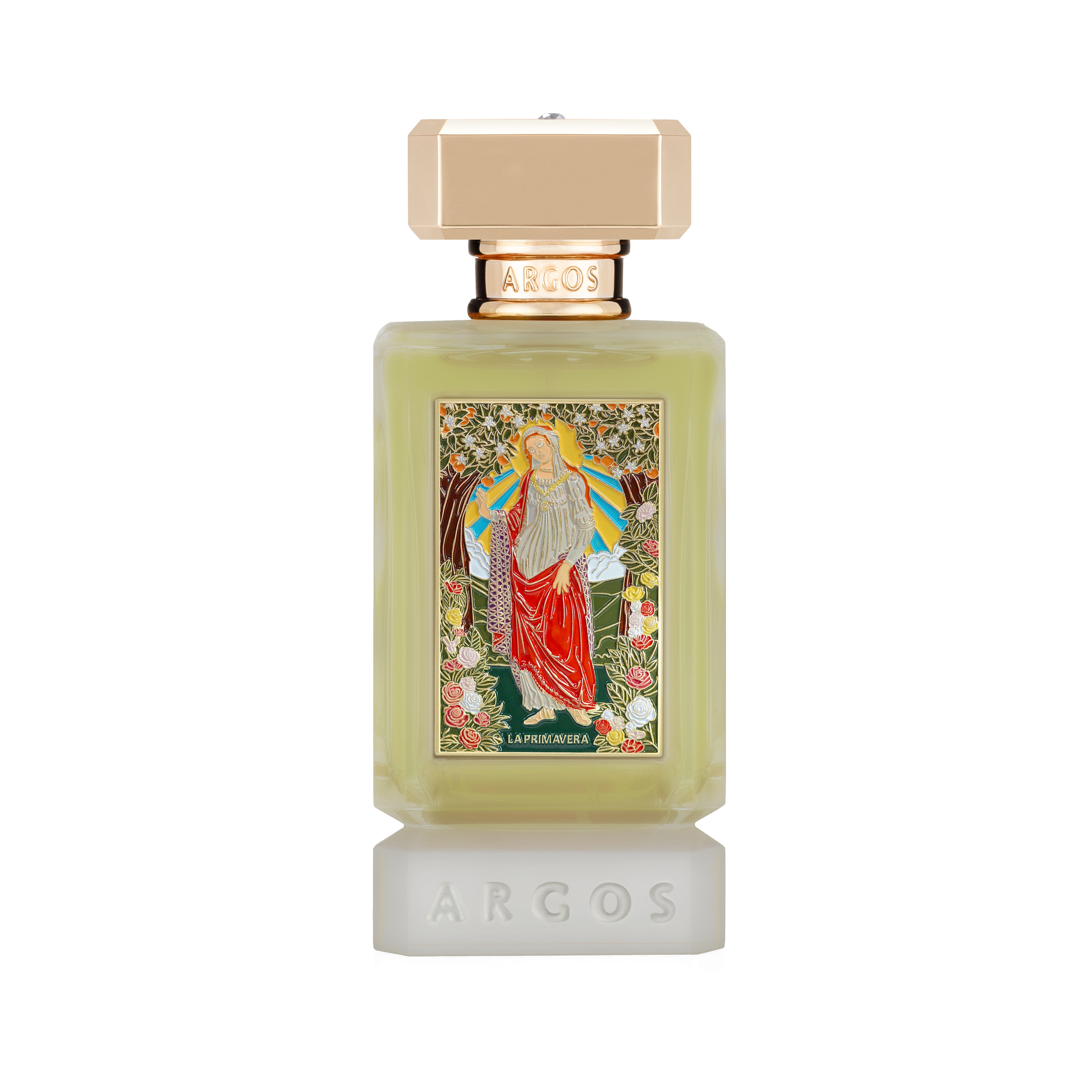 ARGOS La Primavera Extrait de Parfum in klarem, facettiertem Glasflakon mit goldfarbenem Verschluss, hellem Duftsaft und kunstvoller Frontplakette mit floraler Frühlingsszene.