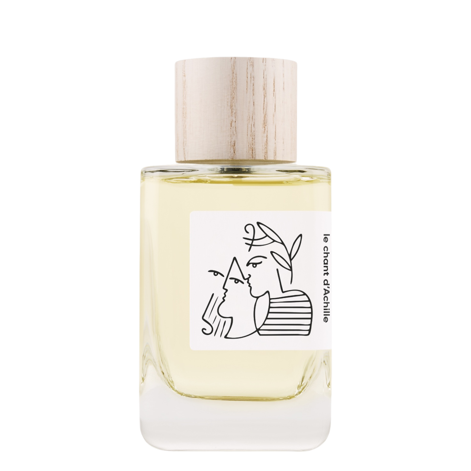 HELLENIST Paris Le Chant d'Achille Eau de Parfum im klaren Glasflakon mit nachhaltig gefertigtem, weiß gekalktem Holzverschluss und minimalistischem Künstleretikett.