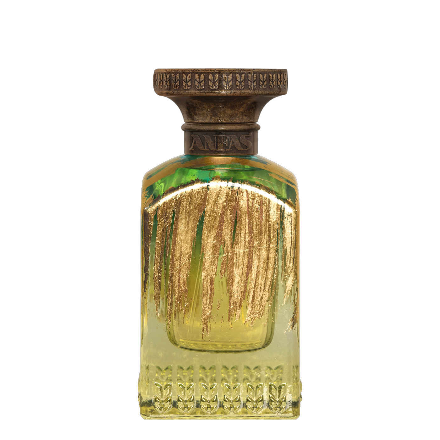 Anfas Mada Parfumflakon aus Glas mit grün-goldenem Design, goldenen Pinselstrichen und bronzefarbener Verschlusskappe
