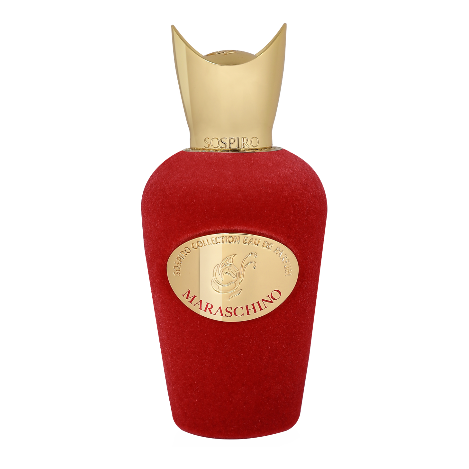 Sospiro Maraschino Eau de Parfum im roten Samtflakon mit goldfarbenem Verschluss und goldener Plakette.