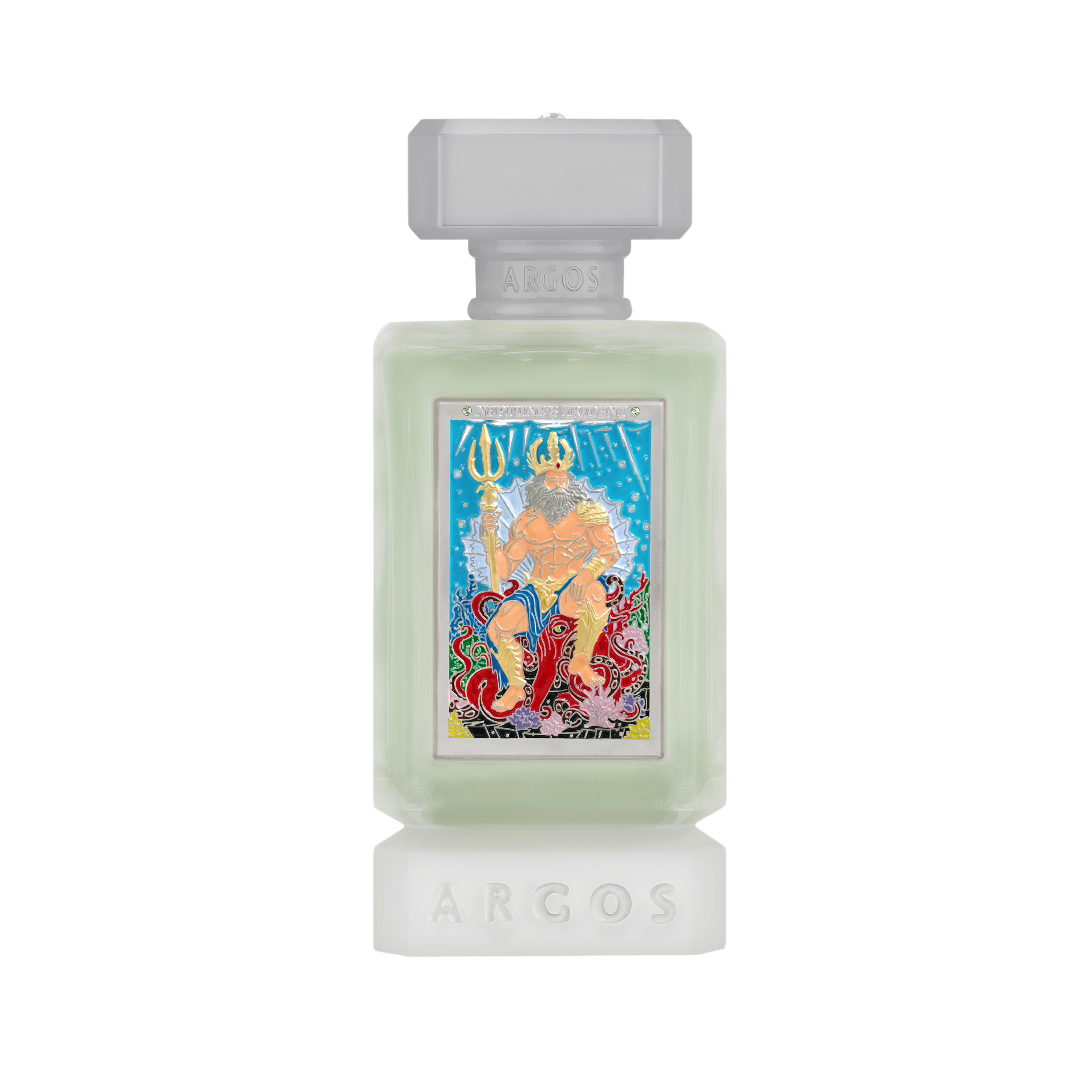 ARGOS Neptune’s Trident Extrait de Parfum in gefrostetem, facettiertem Glasflakon mit hellem Verschluss, aquatisch-grünem Duftsaft und kunstvoller Frontplakette mit Neptun-Motiv.