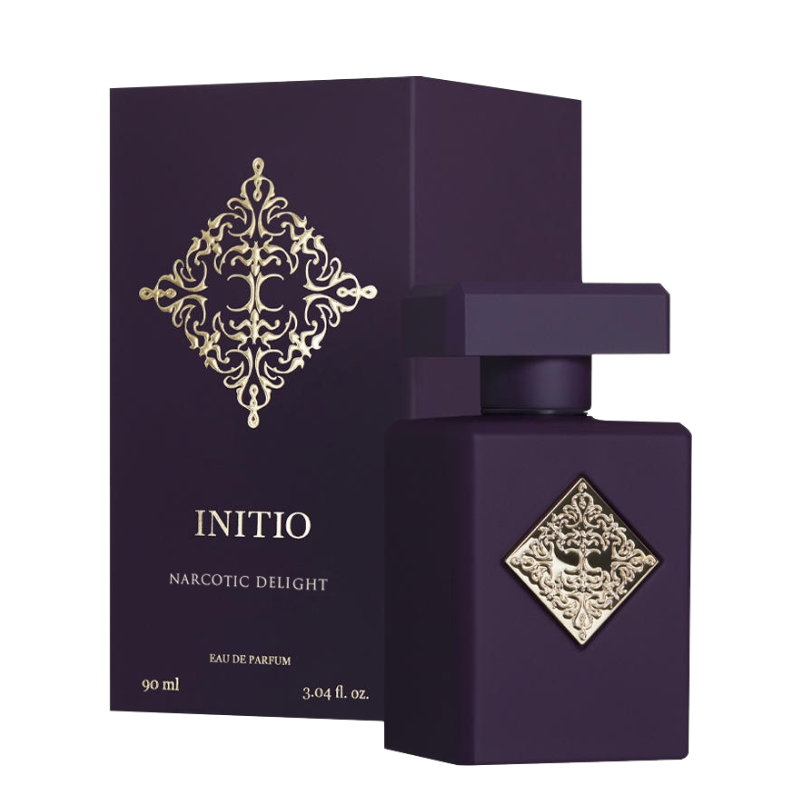 INITIO Narcotic Delight Eau de Parfum im dunkellila Flakon mit goldfarbenem Emblem und passender luxuriöser Verpackung.