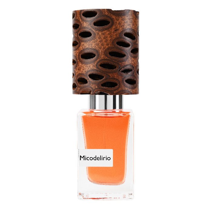 Nasomatto Micodelirio Extrait de Parfum im transparenten Glasflakon mit orangefarbenem Duft und organisch strukturiertem Holzverschluss.