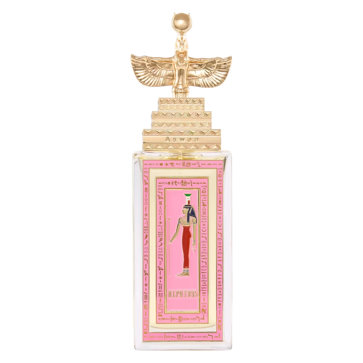 Flakon von Aswan Nephthys – rechteckige klare Glasflasche mit goldener Verschlusskappe mit Pyramiden‑Prägung und ägyptischer Figur als 3D‑Element; Etikett in pink