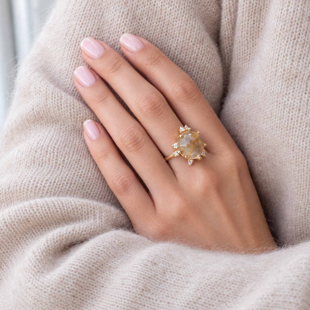 Noën Ring Stellini Grand with rutilated quartz and diamonds in 18kt yellow gold on cashmere