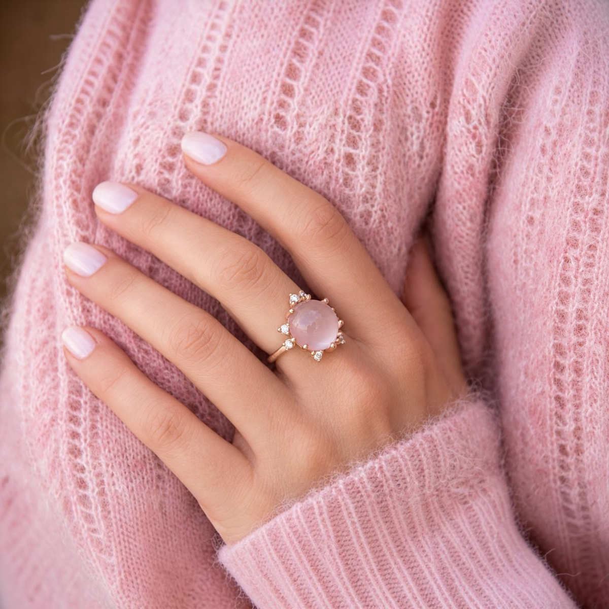 Noën Ring Stellini Grand with rose quartz on pink knitwear