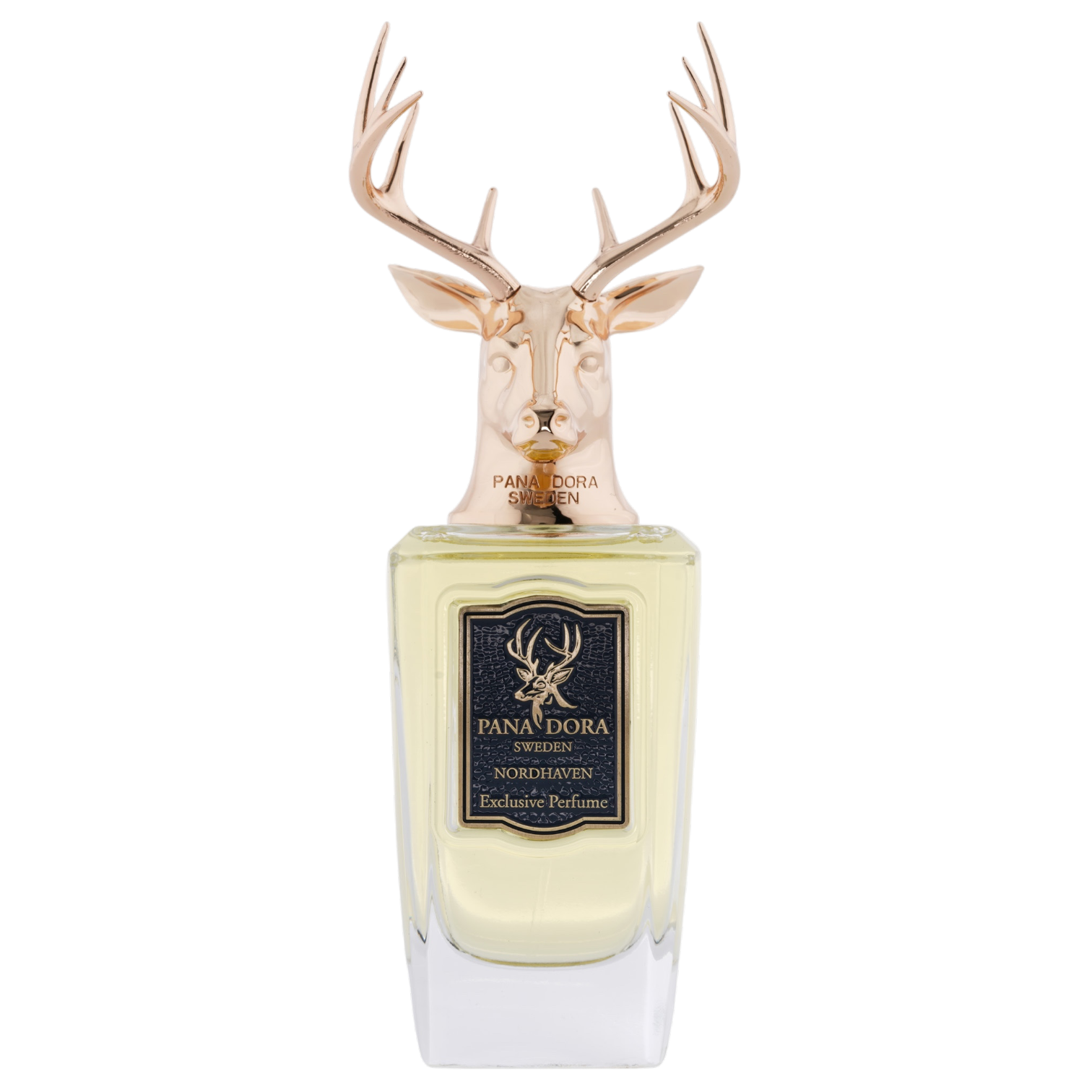Pana Dora Sweden Nordhaven Eau de Parfum im eleganten Glasflakon mit ikonischem goldfarbenem Hirschverschluss und dunkelblauem Etikett.