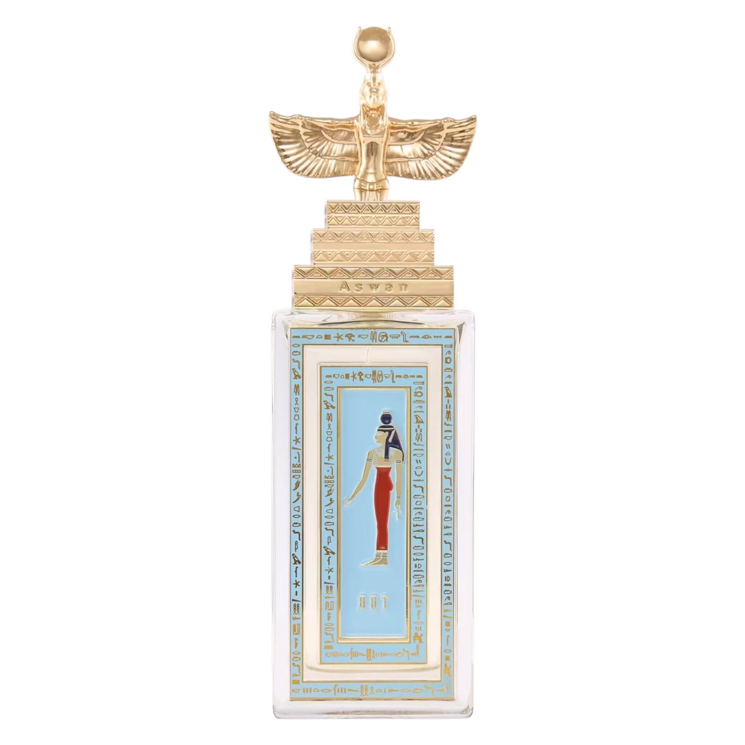 Flakon von Aswan Nut – rechteckige klare Glasflasche mit goldener Verschlusskappe mit Pyramiden‑Prägung und ägyptischer Figur als 3D‑Element; Etikett in himmelblau.
