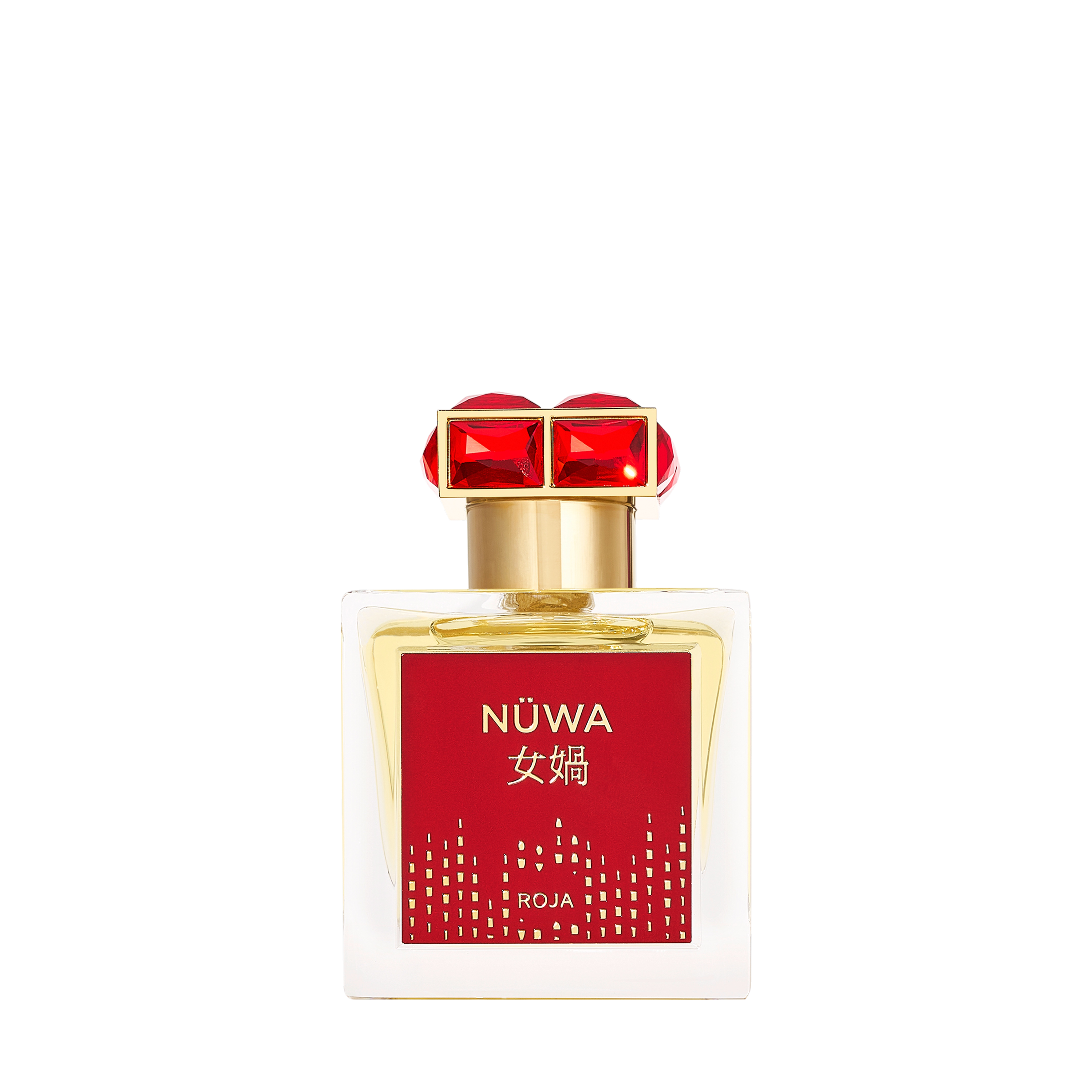 Roja Parfums NüWa Eau de Parfum im klaren Luxusflakon mit rotem Etikett und roten Kristallen im goldfarbenen Verschluss.