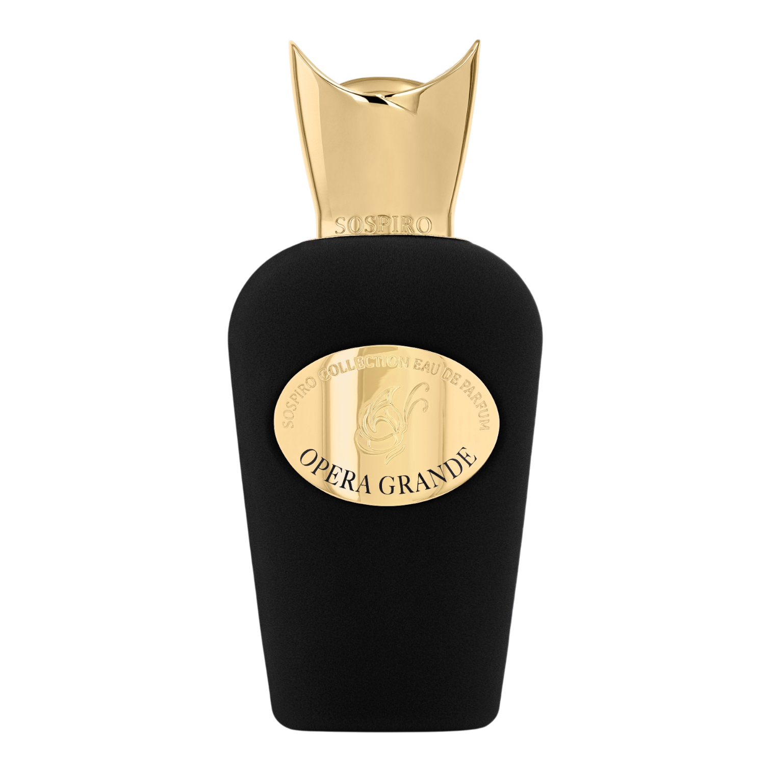 Sospiro Opera Grande Eau de Parfum im schwarzen Samtflakon mit goldfarbenem Verschluss und goldener Plakette.