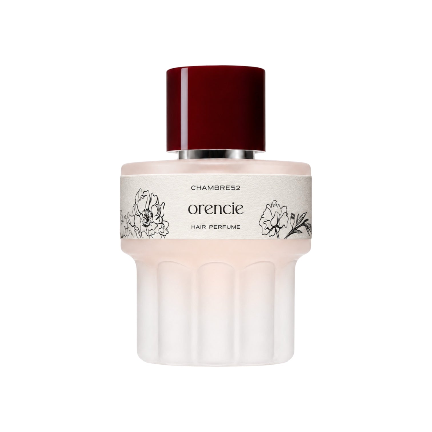 CHAMBRE52 Orencie Hair Perfume im weißen Flakon mit skulpturalem Sockel, roter Verschlusskappe und dekorativem Etikett.