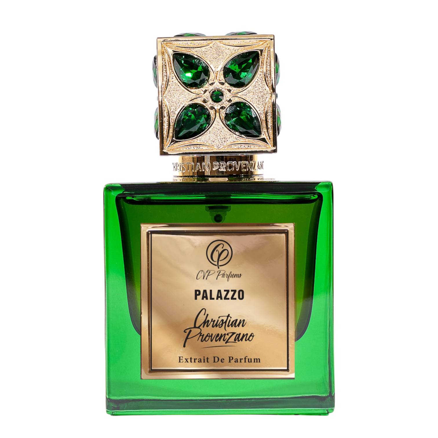 Christian Provenzano Palazzo Extrait de Parfum im smaragdgrünen Glasflakon mit goldfarbener Plakette und kunstvoll verziertem Verschluss mit grünen Schmucksteinen.