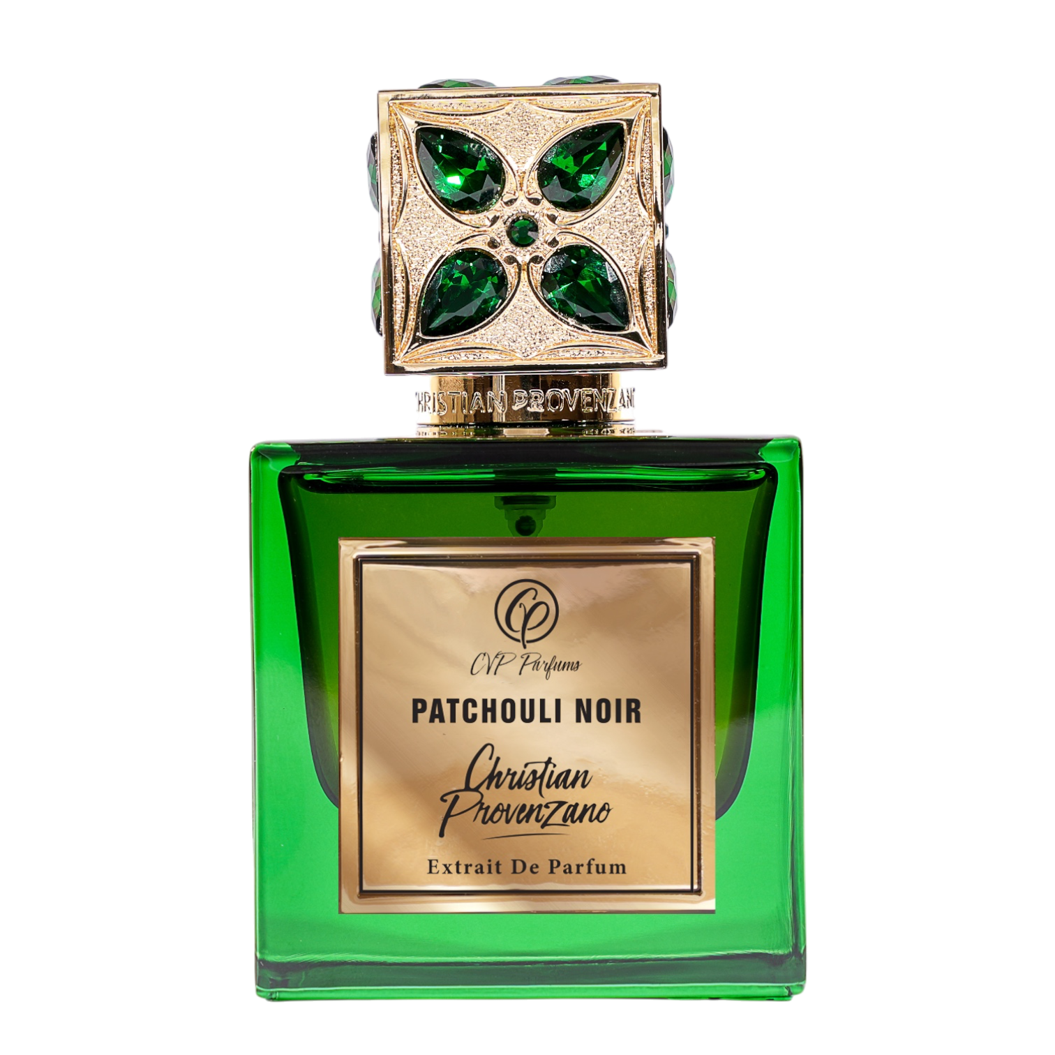 Christian Provenzano Patchouli Noir Extrait de Parfum im smaragdgrünen Glasflakon mit goldfarbener Plakette und kunstvoll verziertem Verschluss mit grünen Schmucksteinen.
