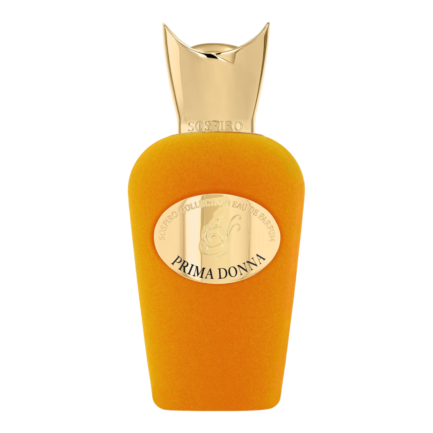 Sospiro Prima Donna Eau de Parfum im orangefarbenen Samtflakon mit goldfarbenem Verschluss und goldener Plakette.