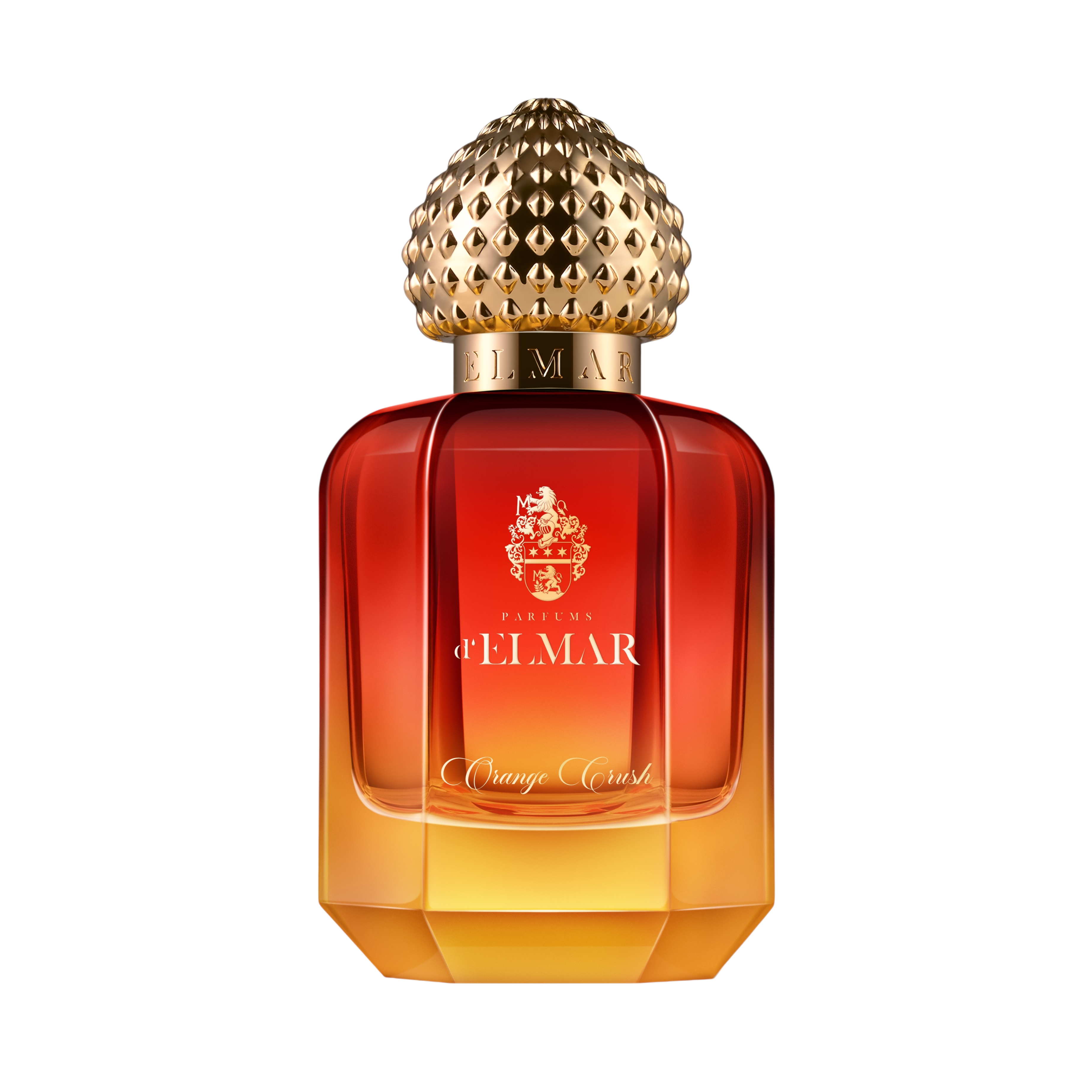 Parfums d'Elmar Orange Crush Extrait de Parfum im orangefarbenen Luxusflakon mit goldfarbenem Verschluss und facettiertem Glasdesign.