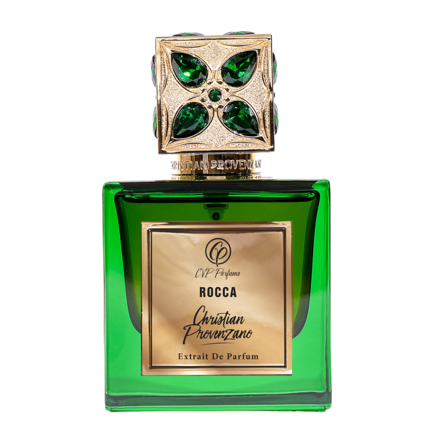 Christian Provenzano Rocca Extrait de Parfum im smaragdgrünen Glasflakon mit goldfarbener Plakette und kunstvoll verziertem Verschluss mit grünen Schmucksteinen.