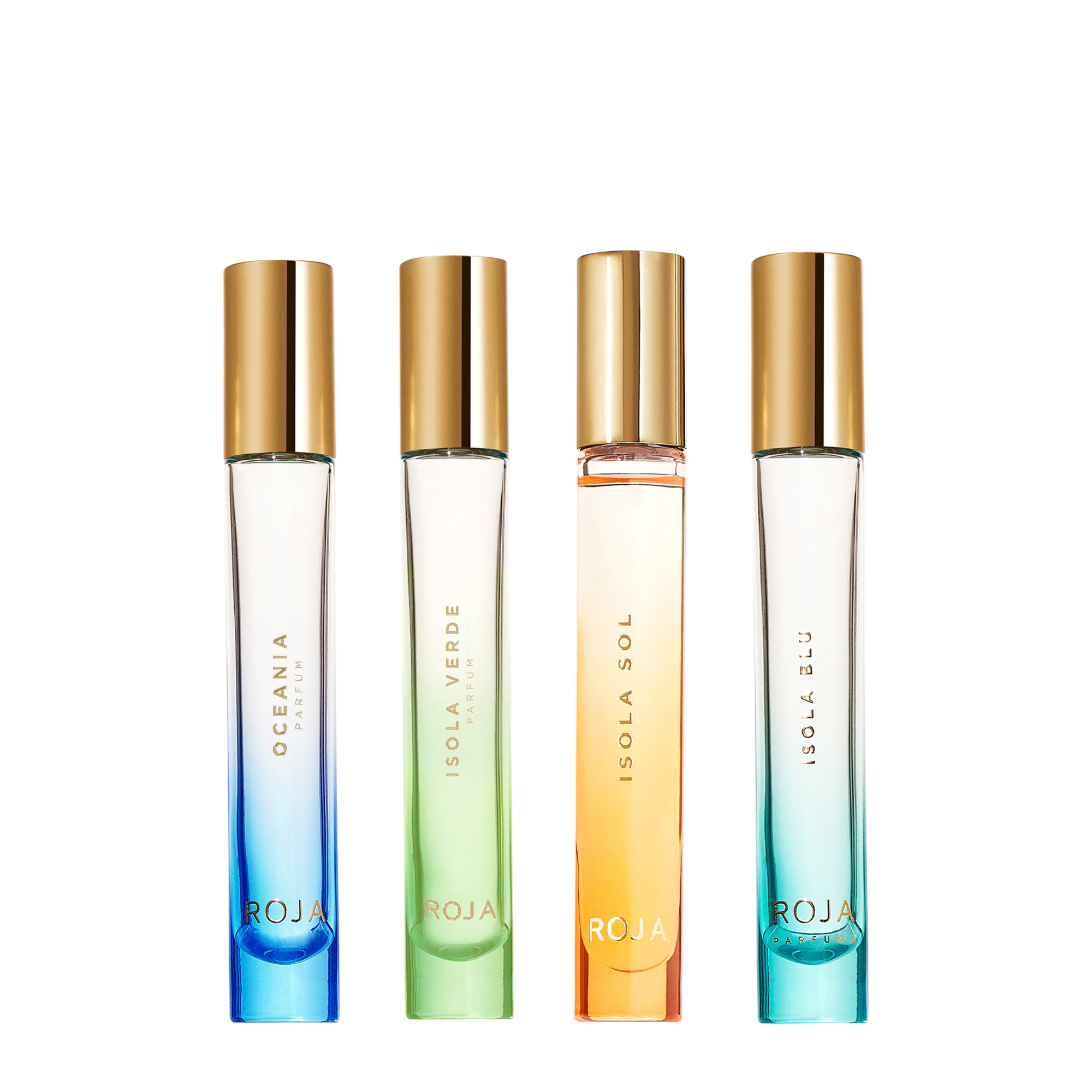Roja Parfums Isola Travel Collection mit vier Parfum-Reisesprays zu je 10 ml.