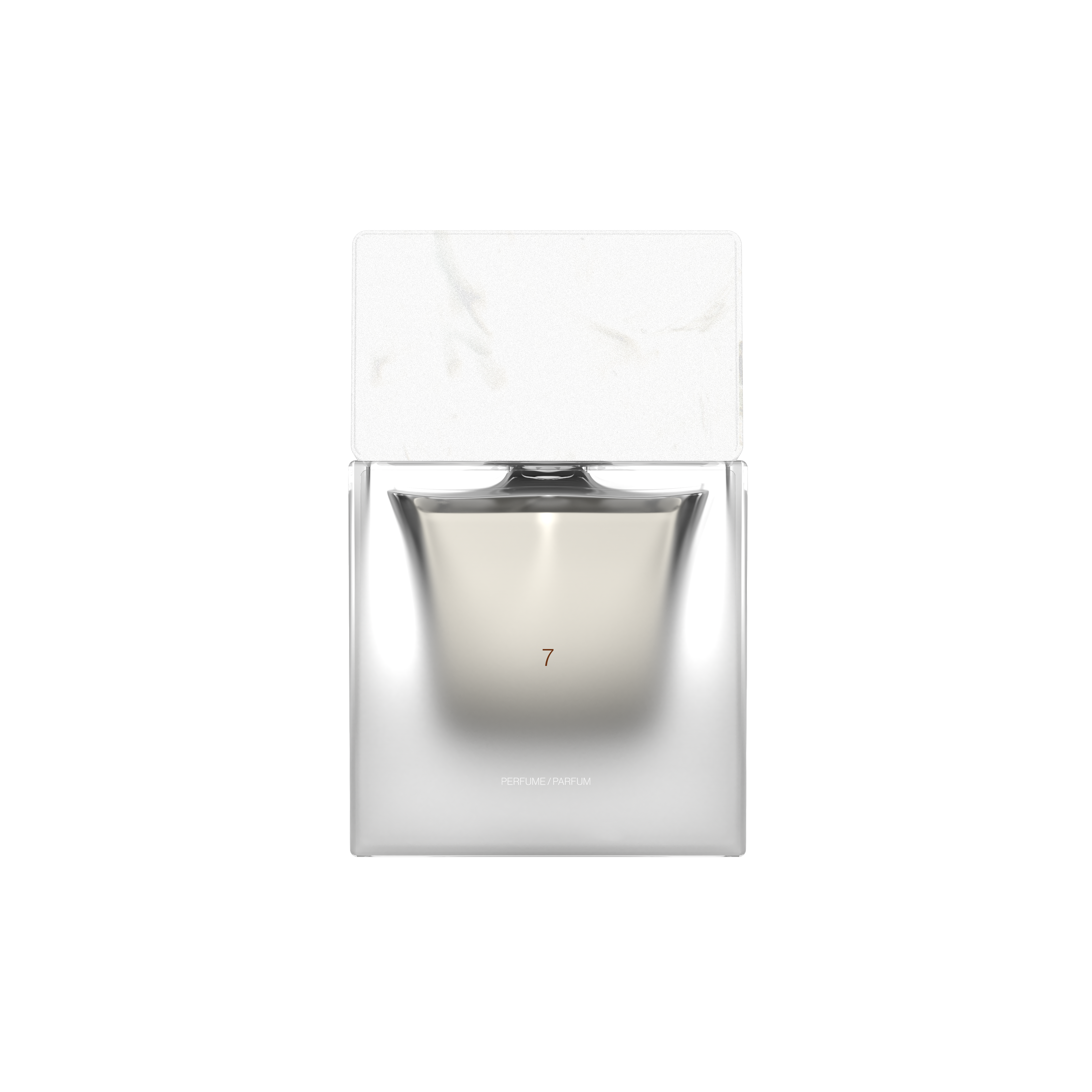 Flakon von 7 Sora Dora Extrait de Parfum – minimalistischer klarer Flakon mit schlichtem Design, Duftname elegant aufgedruckt. Deckel weiß marmoriert..