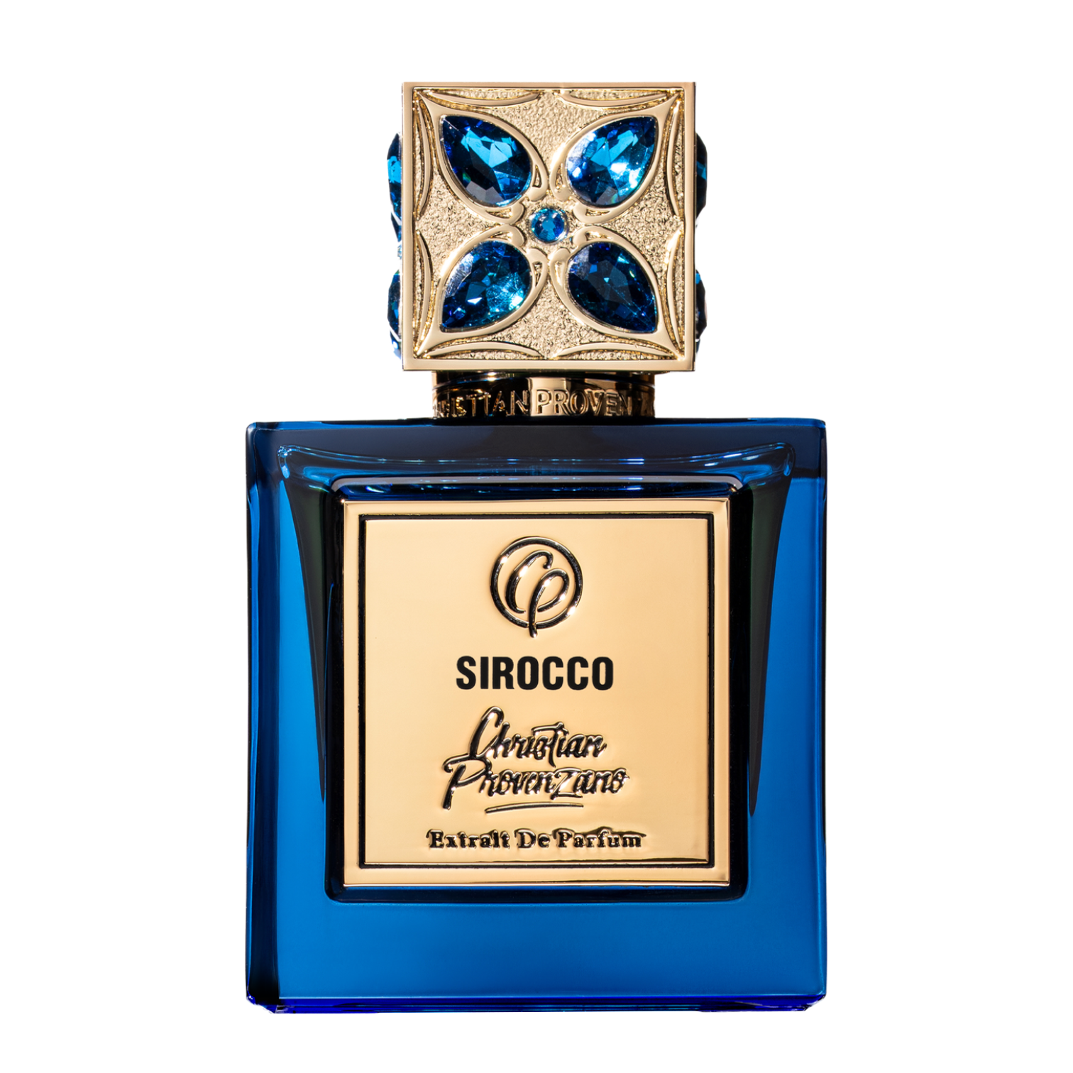 Christian Provenzano Sirocco Extrait de Parfum im tiefblauen Glasflakon mit goldfarbener Plakette und kunstvoll verziertem Verschluss mit blauen Schmucksteinen.