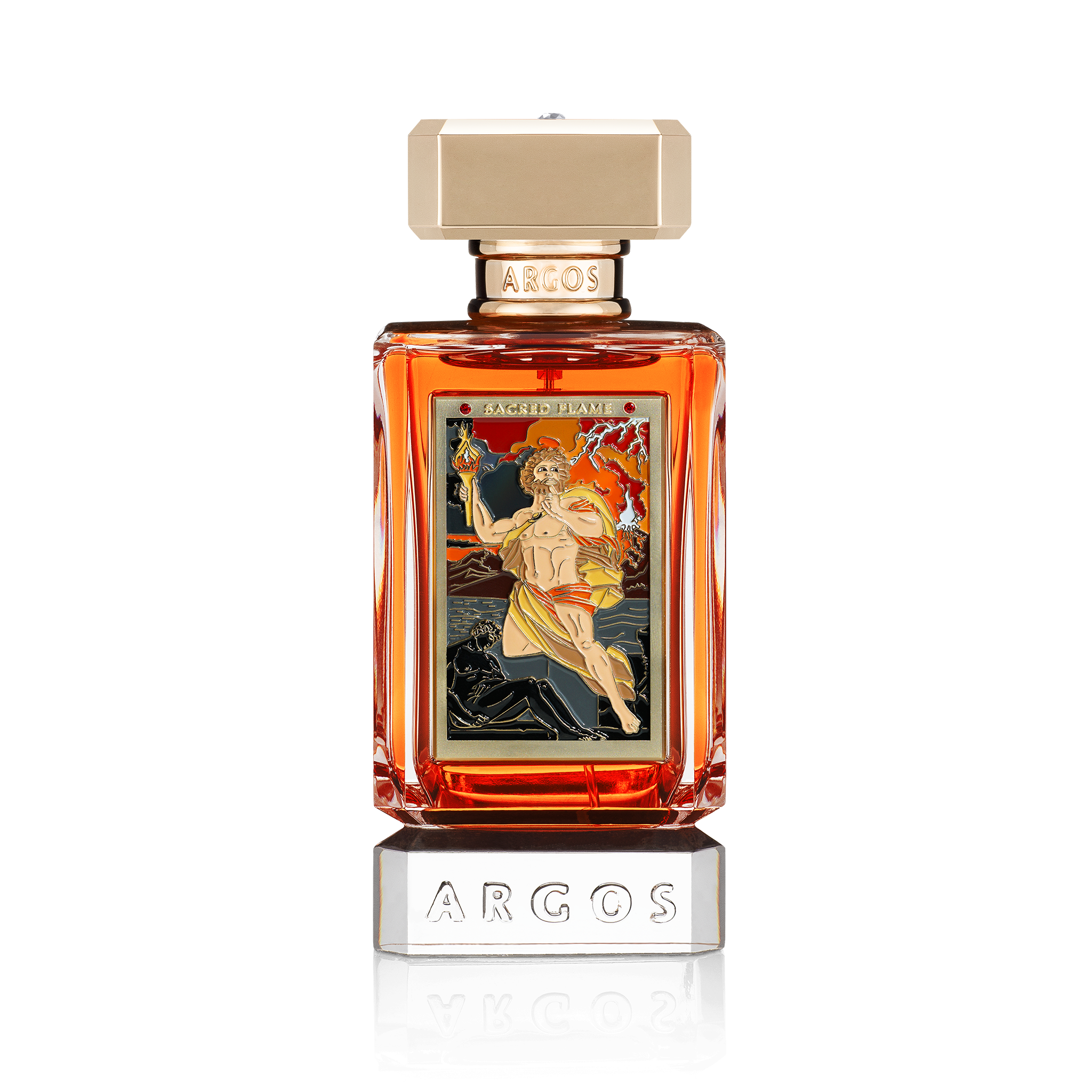 ARGOS Sacred Flame Eau de Parfum in klarem, facettiertem Glasflakon mit goldfarbenem Verschluss, leuchtend orangefarbenem Duftsaft und kunstvoller Frontplakette mit Prometheus-Motiv.