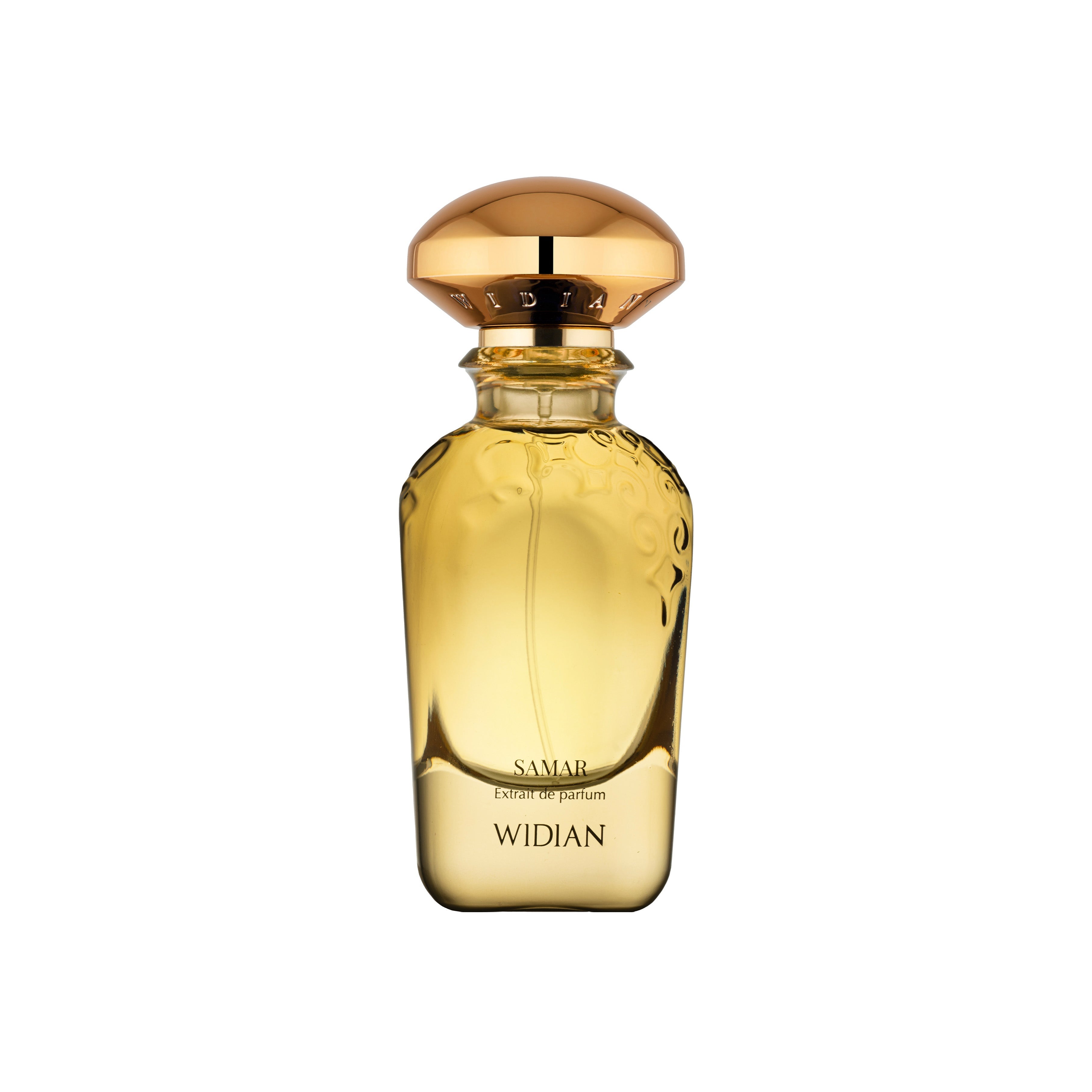 Widian Samar Extrait de Parfum 100ml – eleganter Flakon mit goldener Kappe, vereint würzige, florale und rauchige Noten. Jetzt bei 4D OUTFITTERS erhältlich.