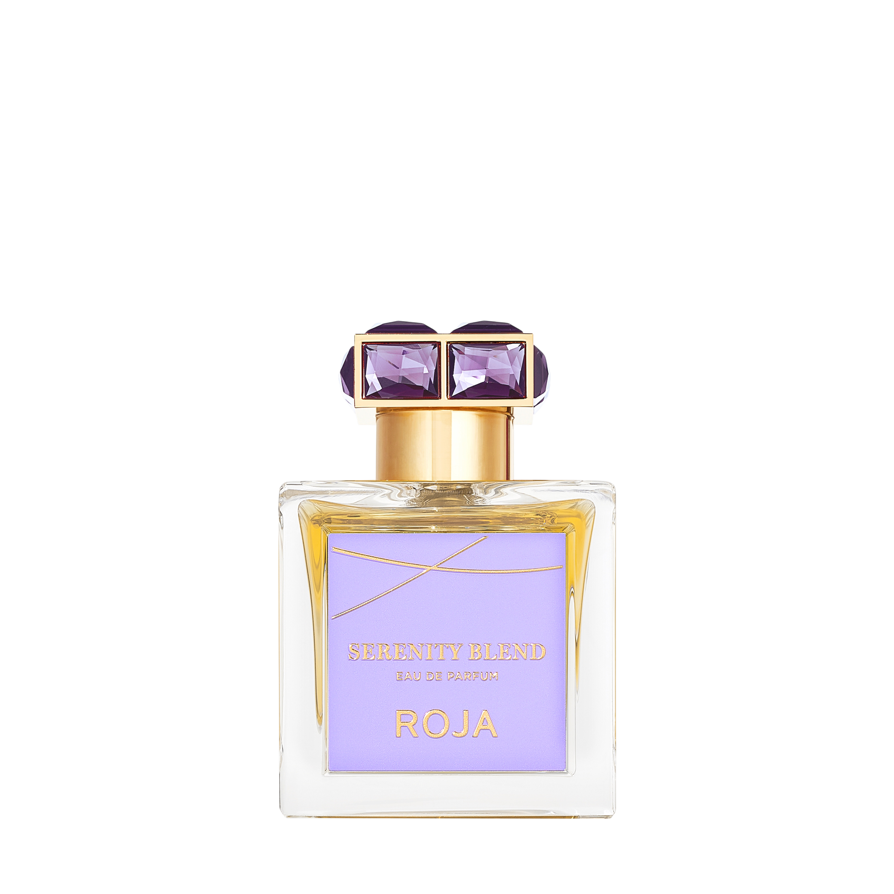 Roja Parfums Serenity Blend Eau de Parfum im klaren Luxusflakon mit lavendelfarbenem Etikett und violettem Kristallverschluss.