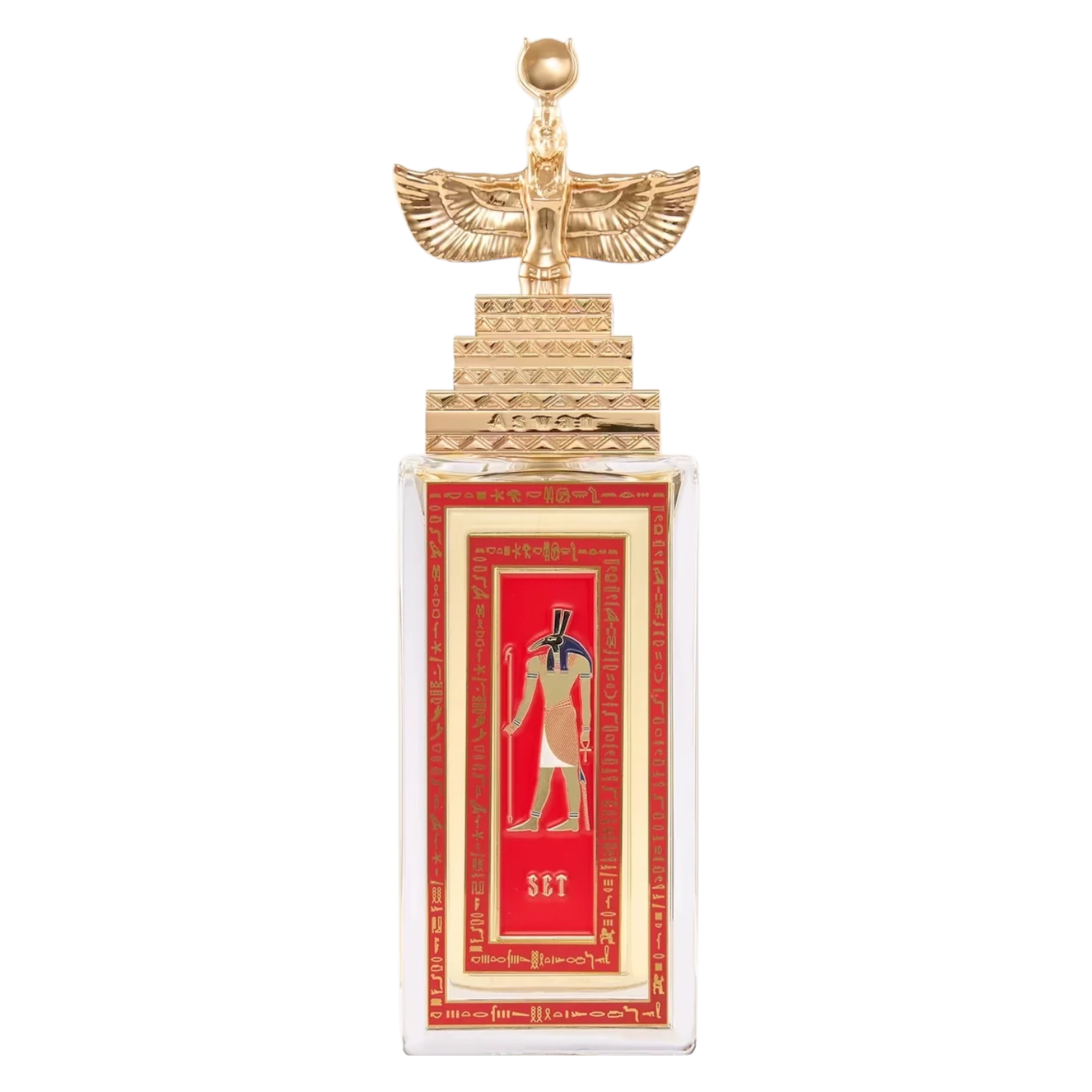 Flakon von Aswan Set – rechteckige klare Glasflasche mit goldener Verschlusskappe mit Pyramiden‑Prägung und ägyptischer Figur als 3D‑Element; Etikett in rot.