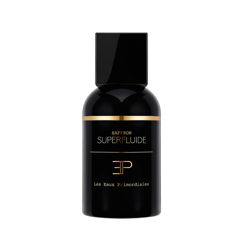 Flakon Les Eaux Primordiales Saffron Superfluide – Safran Holz Unisex Duft. Flakon und Deckel schwarz