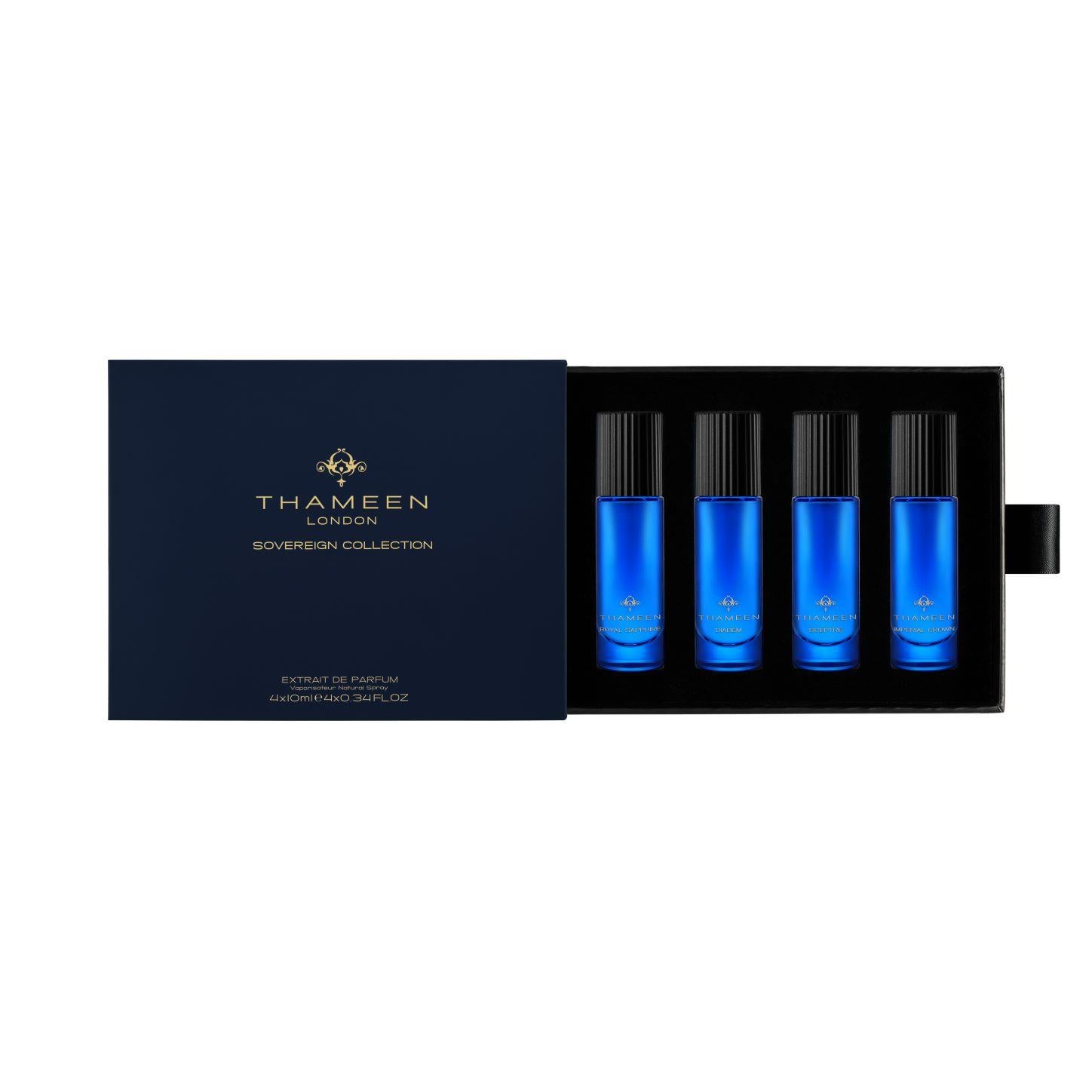Flakon‑Reisebox mit 4×10 ml Thameen Sovereign Collection – Royal Sapphire, Diadem, Sceptre, Imperial Crown in Geschenkbox