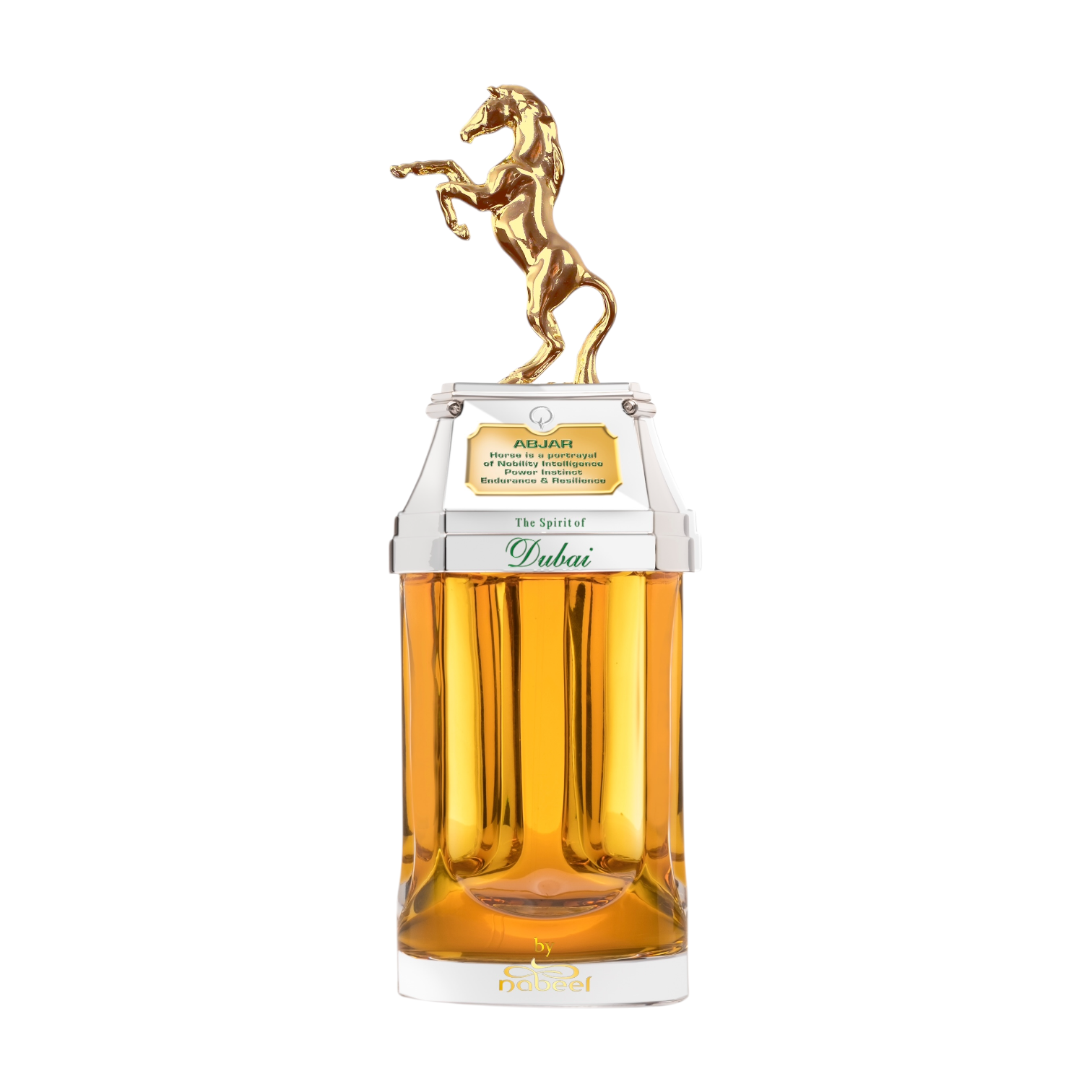 Abjar Eau de Parfum von The Spirit of Dubai – eleganter Flakon mit goldener Pferdefigur, symbolisiert arabische Eleganz. Jetzt bei 4D OUTFITTERS.