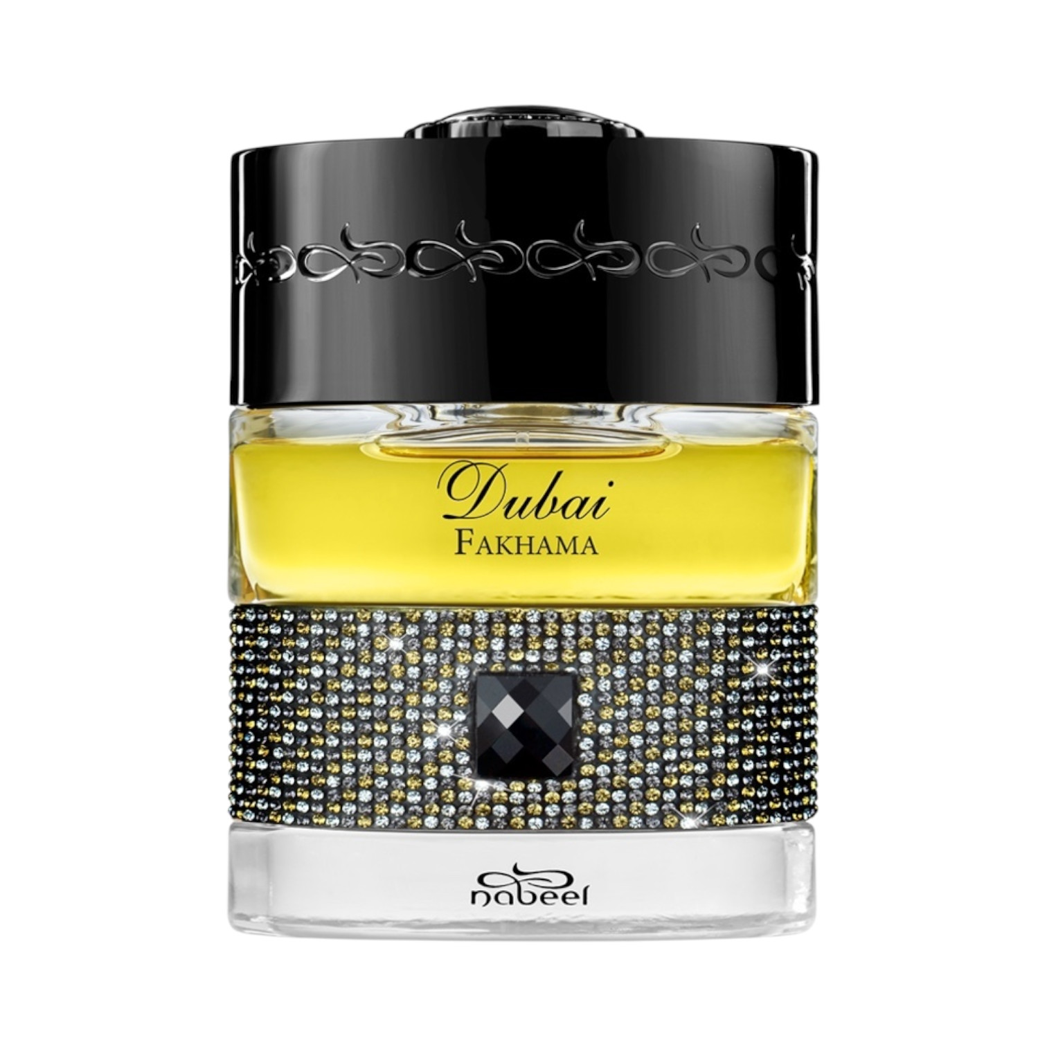 The Spirit of Dubai – Fakhama Eau de Parfum 50ml: Eleganter Flakon mit schwarzer Kappe, verziert mit funkelnden Kristallen. Jetzt bei 4D OUTFITTERS erhältlich.