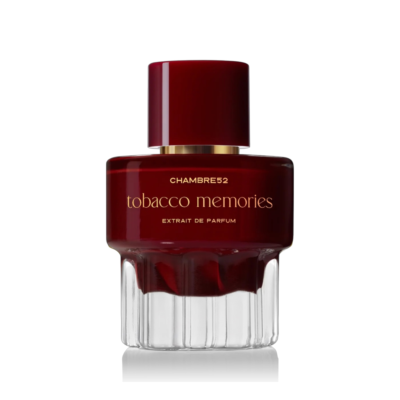 Chambre52 Tobacco Memories Extrait Parfumflakon aus tiefrotem Glas mit goldener Schrift und klarem facettiertem Glasboden