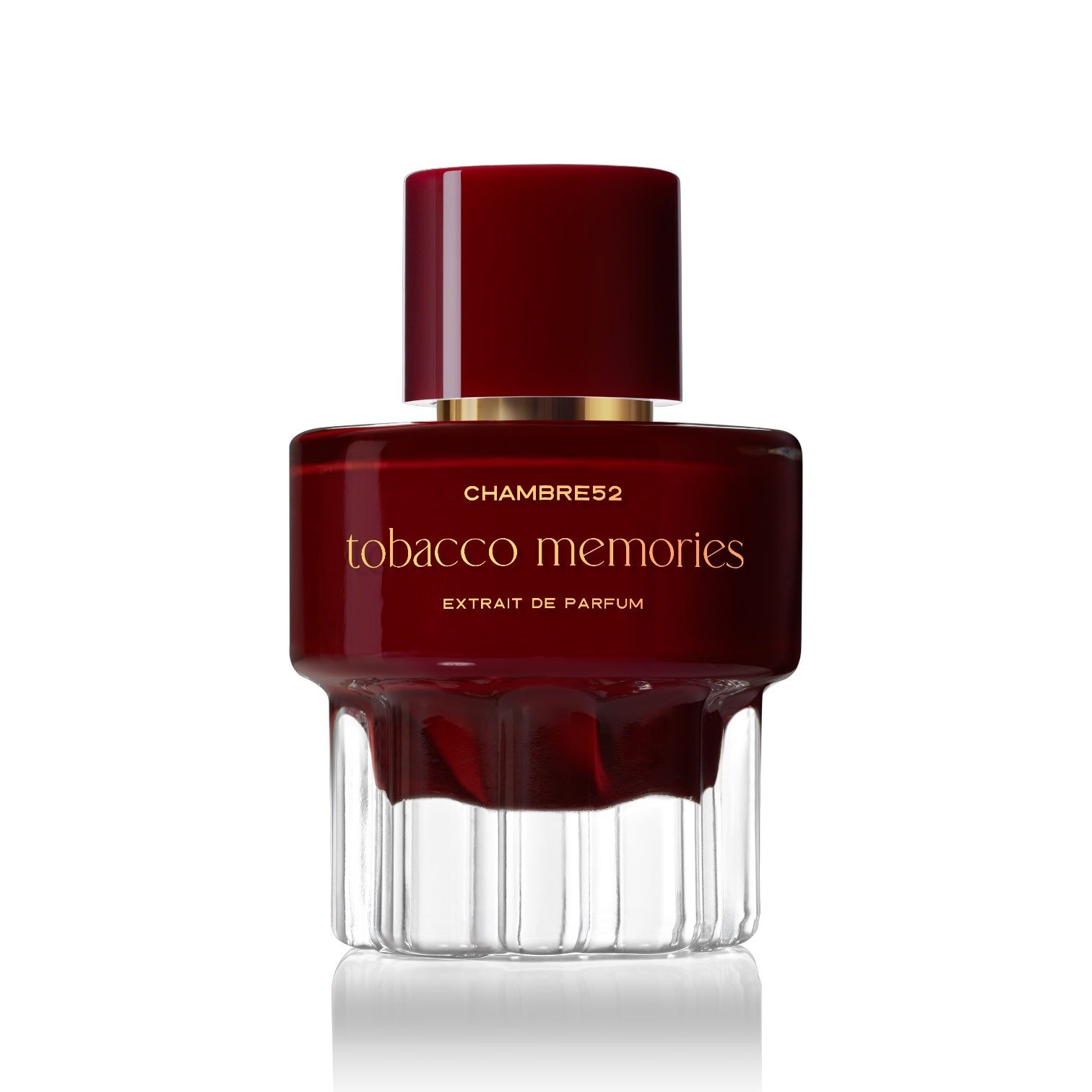 Chambre52 Tobacco Memories Extrait Parfumflakon aus tiefrotem Glas mit goldener Schrift und klarem facettiertem Glasboden