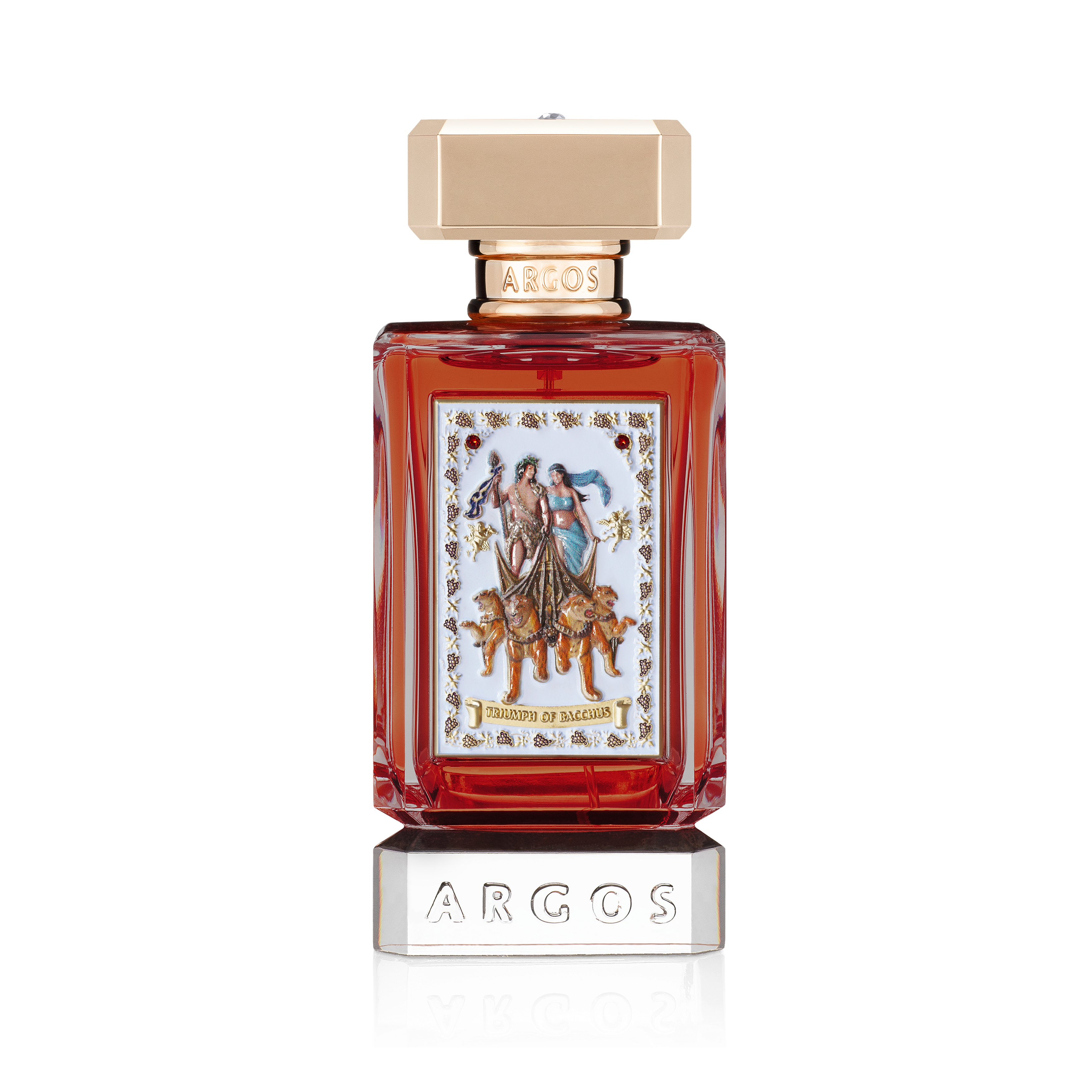 ARGOS Triumph of Bacchus Extrait de Parfum in klarem, facettiertem Glasflakon mit goldfarbenem Verschluss, bernsteinfarbenem Duftsaft und kunstvoller Frontplakette mit Bacchus-Motiv.