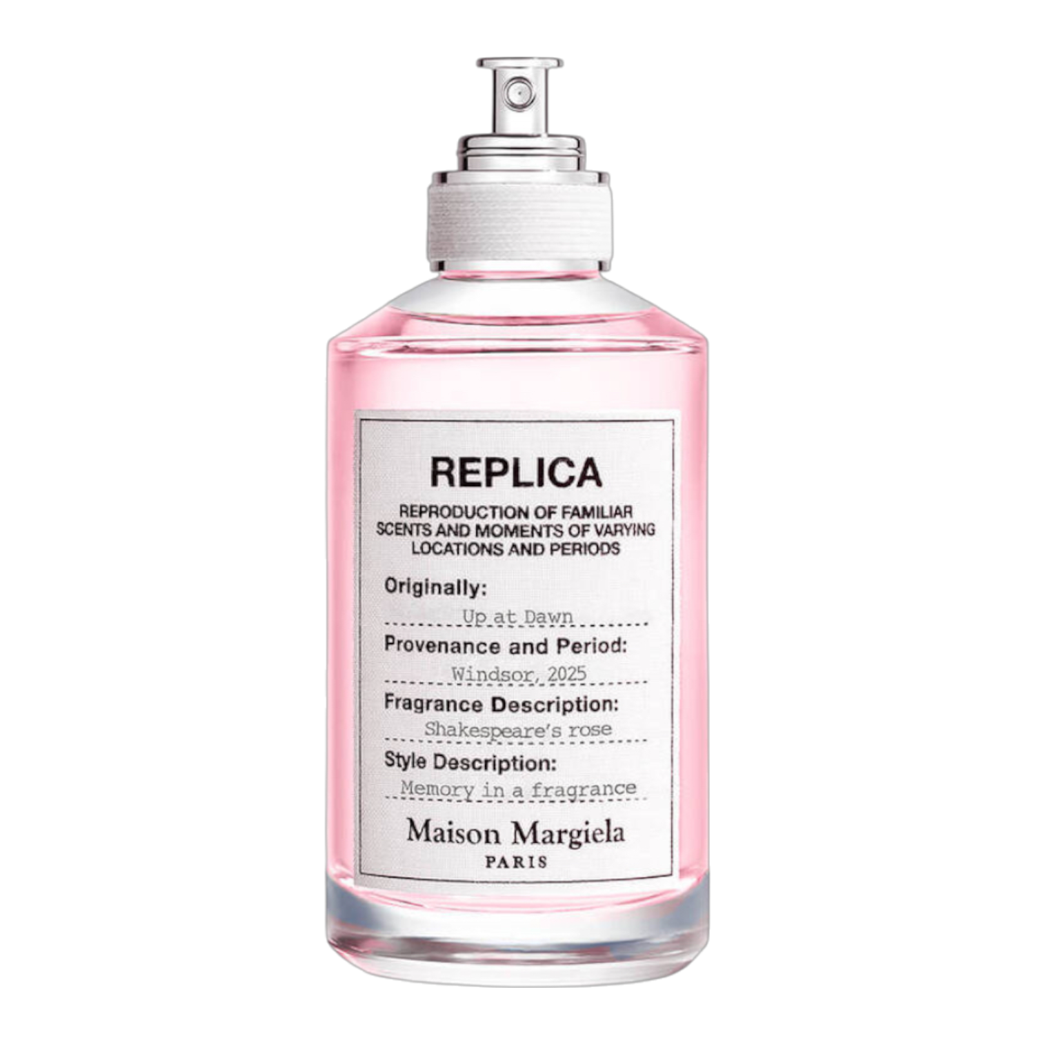 100ml Flakon von Maison Margiela Replica Up at Dawn – zylindrischer Glasflakon mit rosa Duftwasser, Textetikett im Vintage-Look und silbernem Sprühkopf.