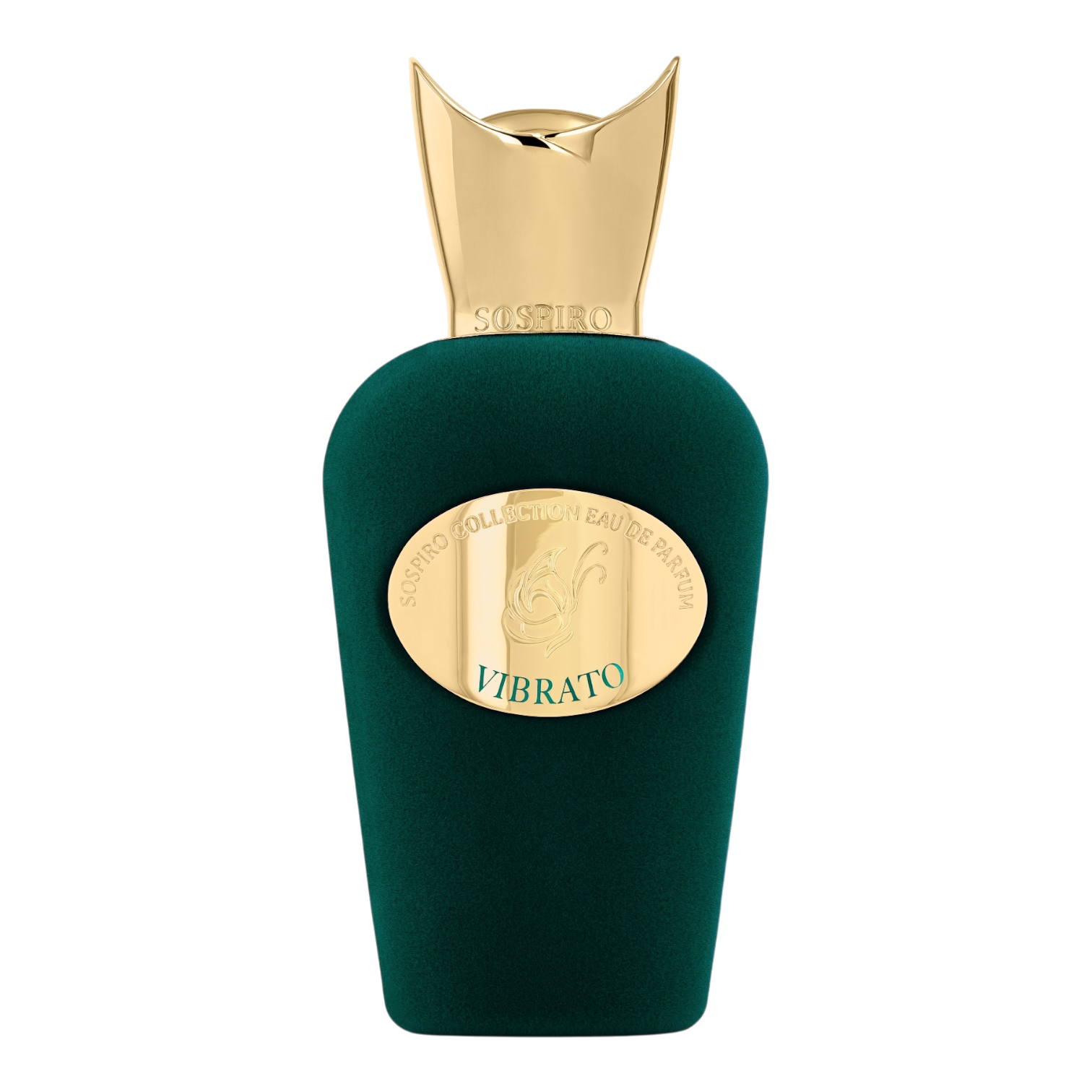 Sospiro Vibrato Eau de Parfum im dunkelgrünen Samtflakon mit goldfarbenem Verschluss und goldener Plakette.