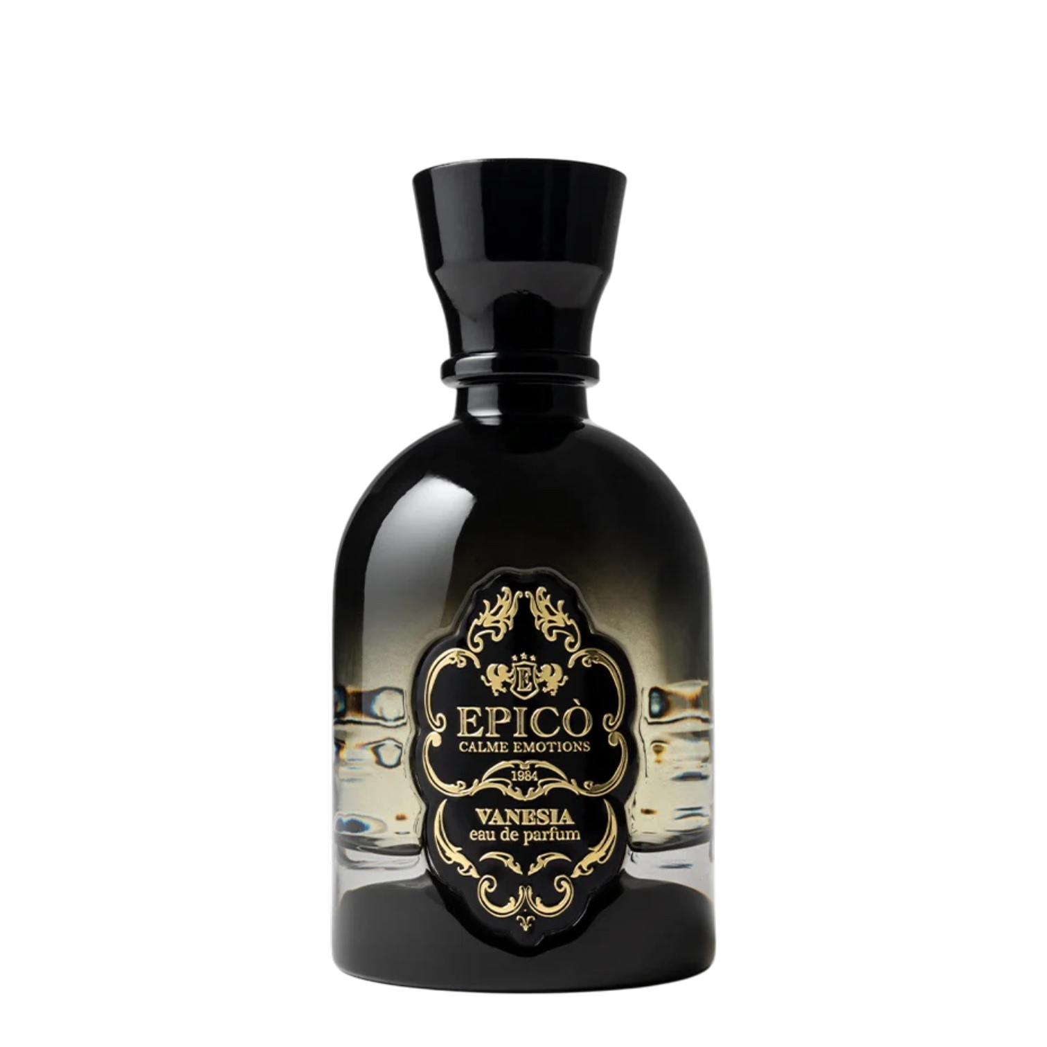 Epicò Vanesia Eau de Parfum 100 ml Flakon mit klarem Glas, goldfarbener Kappe, hellem Duft und elegantem Epicò Etikett auf weißem Hintergrund.