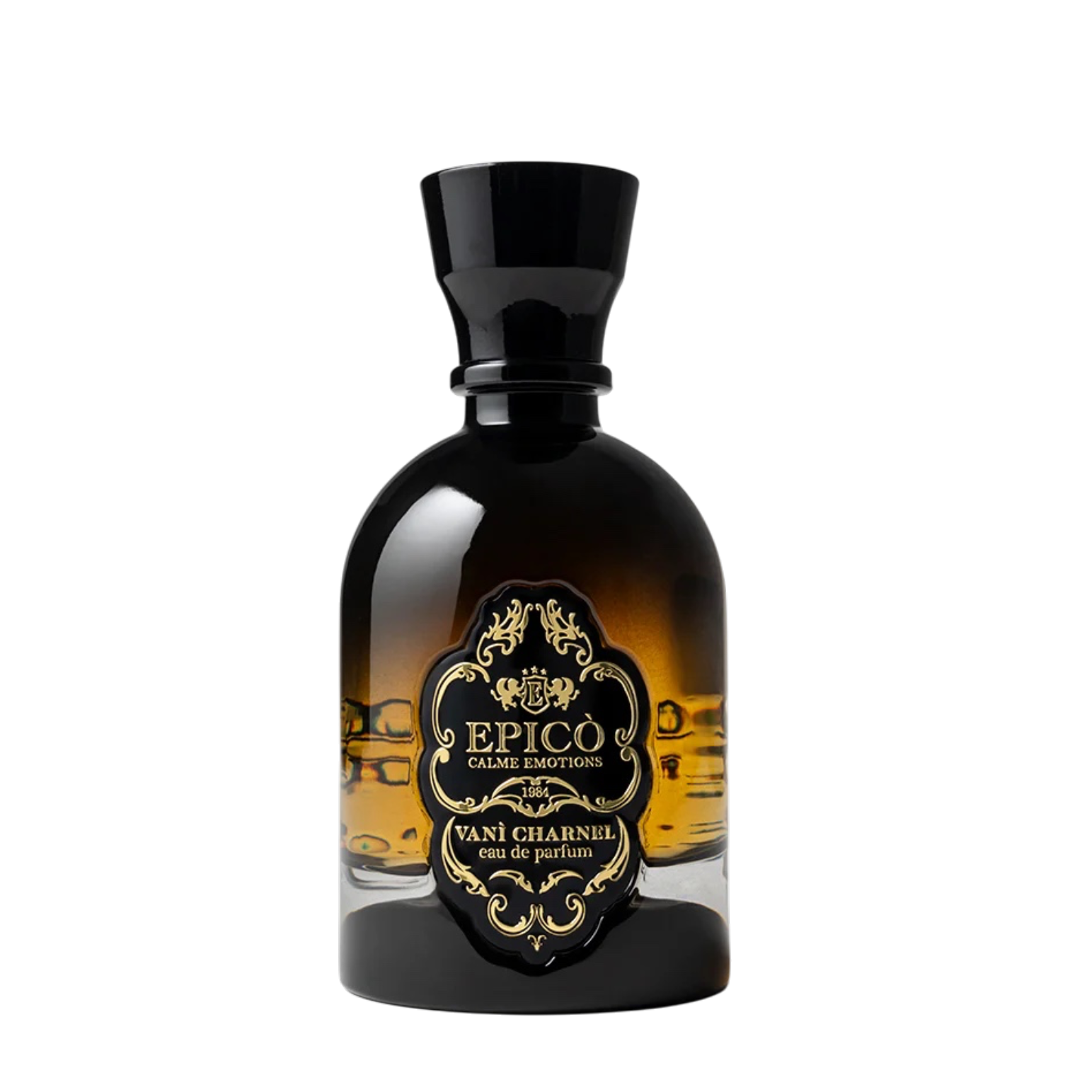 Epicò Vani Charnel Eau de Parfum 100 ml Flakon mit klarem Glas, hellem Duft, goldfarbener Kappe und elegantem Epicò Etikett auf weißem Hintergrund.