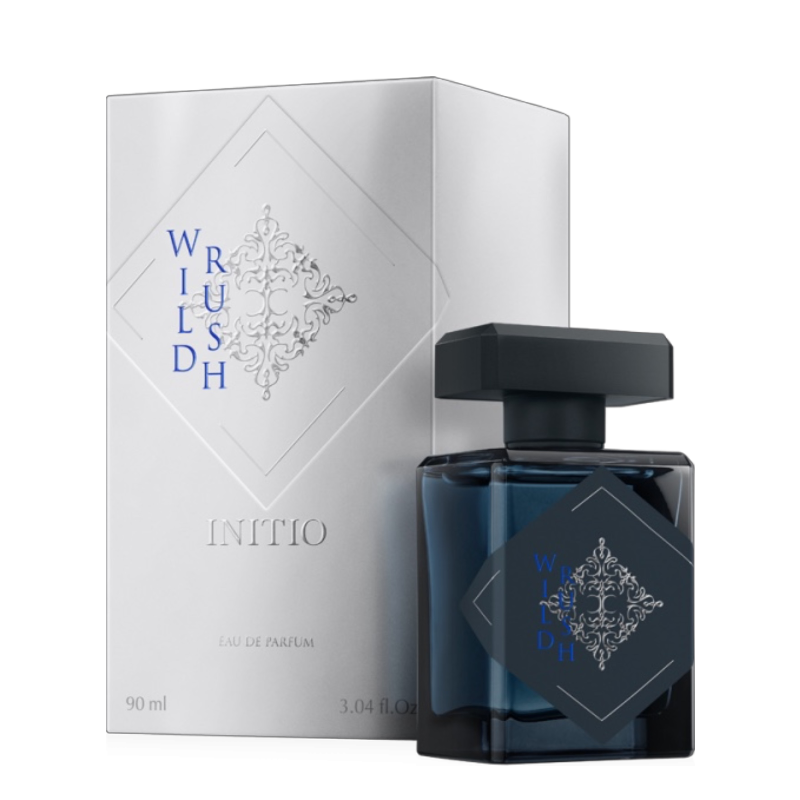 INITIO Wild Rush Eau de Parfum im dunklen Glasflakon mit schwarzem Deckel und silberner Box aus der Supercharged Collection mit blauer Beschriftung.